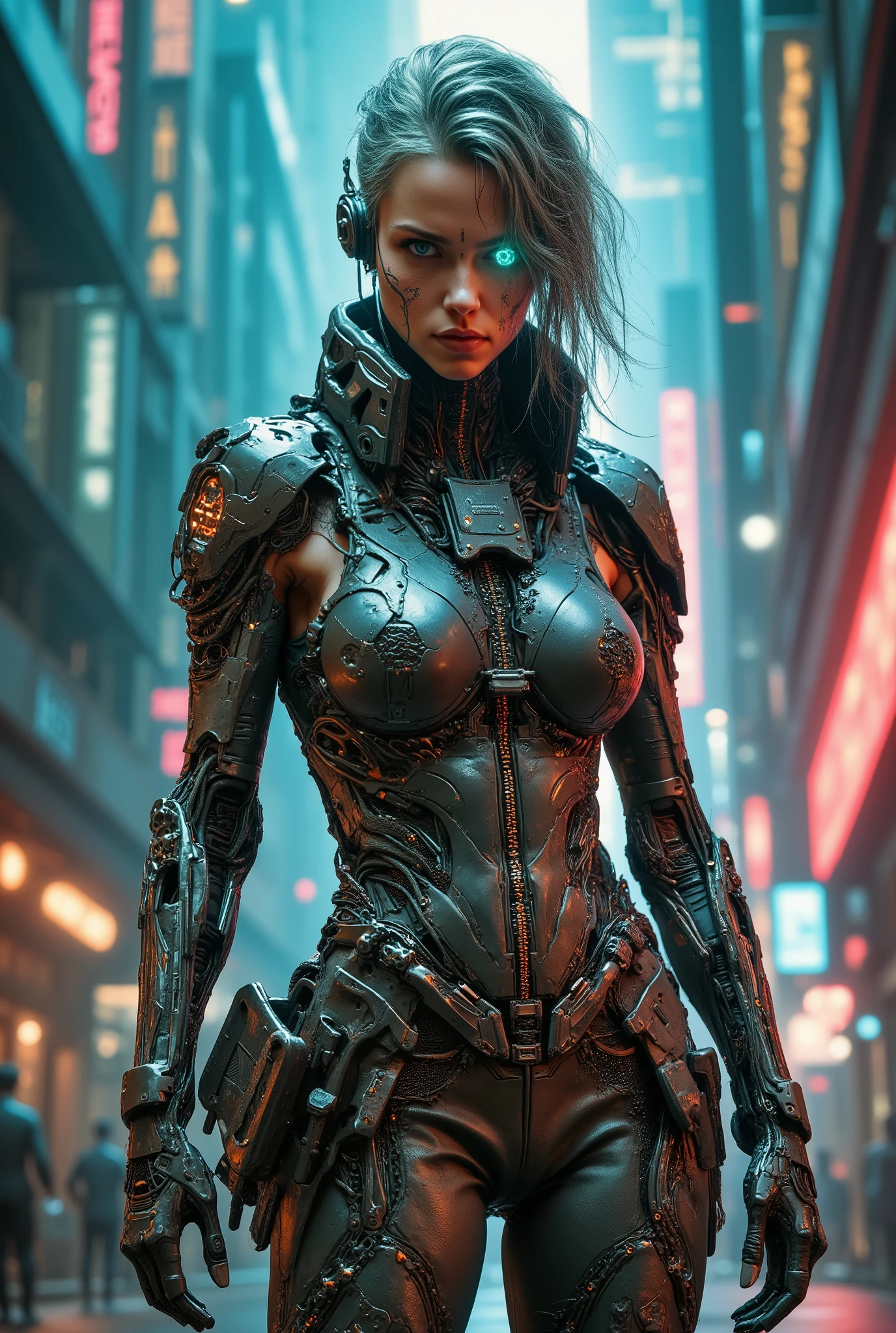 Recypu style,realistic,steampunk,girl,The other arm retains some elements organic, His skin tone is slightly uneven due to cybernetic improvements under the surface. The exposed sections of his arms show a perfect fusion between flesh and machine. The cyborg's face has a rough and tanned appearance: in intense blue or electric green, with intricate hexagonal patterns in the iris, Her bright cybernetic eyes are her most striking feature. complex tattoos , similar to circuits , shines dimly on his forehead and cheeks, pulsing softly like bioluminescent veins. Volumetric - Dramatic - - Studio lighting - Chiaroscuro, blending into metallic implants. with exposed wiring and servos visible through damaged skin, mixing organic texture with synthetic fibers. Her hair may be partially shaved on one side to reveal more cybernetic components embedded in her scalp. upper body: She wears a ragged and patched shirt, made of layers of fabric. The material looks worn but functional, with subtle scars and imperfections that betray years of survival in a hostile world. The stage is an extensive cyberpunk cityscape under a dimly illuminated sky. An arm is completely cybernetic, with elegant chrome, These designs resemble fractions such y extend down your neck. } mixing organic texture with synthetic fibers, Extremely detailed - Incredibly detailed - Hyperdetailed. Around: hydraulic joints and bright LED indicators along the forearm, full of dense clouds and occasional lightning. Impressive sky landscape. lighting: Volumétrica - Dramática - Clímax - lighting de estudio - Claroscuro. Detail: that give them a mechanical but at the same time sensitive appearance.