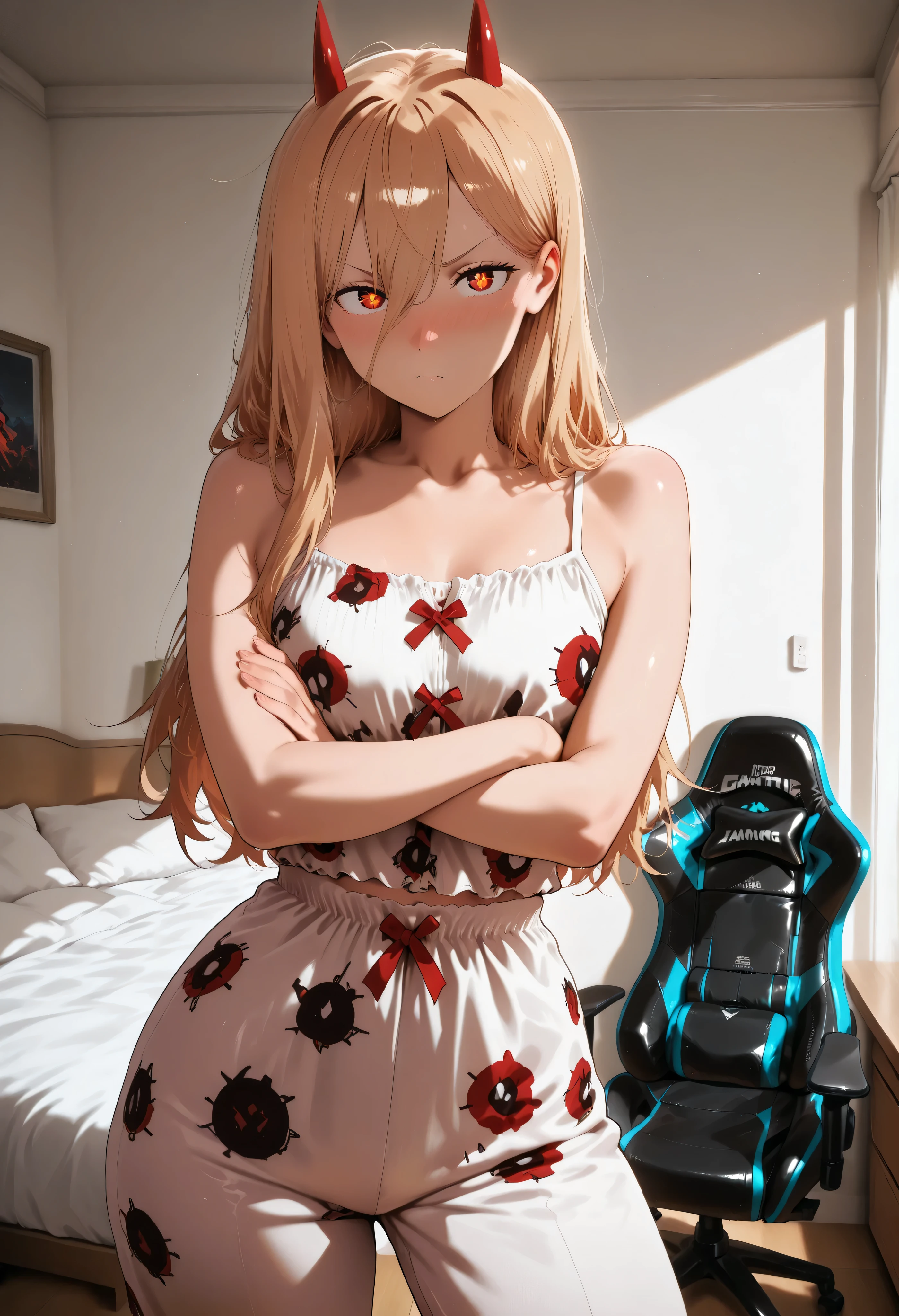 score_9, score_8_up, score_7_up, score_6_up, score_5_up, score_4_up, masterpiece, high quality, shiny skin, shiny hair, shiny body, clear body, nose blush, nice legs, standing, nice legs, posing, SFW, looking at viewer, thick thigh, thick thighs, nice face, flat chest, solo, bedroom, posing, pose, contrapposto, detailed bedroom, bed, gaming chair, gaming pc, pants, pants, fully pants, ht_pajamas,laces, crossed arms, 1girl,1girl, p0w3r0x1, long hair, blonde hair, red horns,demon pupils