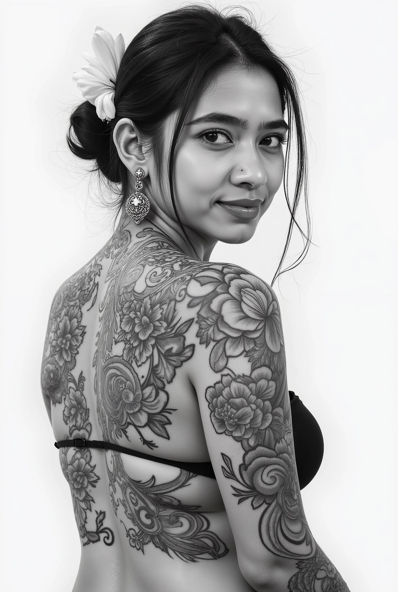 a drawing of a woman with a flower in her hair, black and grey tattoo style, realism tattoo drawing, realism tattoo design, tattoo design, concept tattoo design, tattoo art, realism tattoo sketch, sketch tattoo, detailed face and body, by Ric Nagualero, tattoo sketch, detailed face ), by Max Buri, highly detailed portrait, cool shading