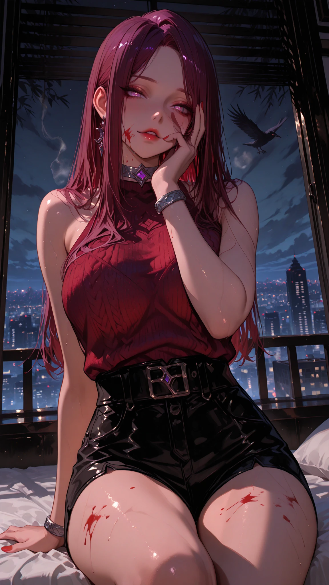 Masterpiece, top quality, best quality, official art, beautiful and aesthetic, anime, 1girl,extremely detailed, colorful, more detailed ((ultra-detailed)), (highly detailed CG illustration),Best Quality, High resolution, Unity 8k Wallpaper, (Illustration:0.8), (Beautiful detailed eyes:1.6), extra detailed face, Perfect Lighting, extremely details CG, (Perfect hands, Perfect ),city,street,night,wet road,reflections,lights,red long hair, cat ears,ponytail,blue eyes, barrette,black choker,earrings,skinny fit,medium breast,shoulders, small ass,white shirt,wet shirt,high-waist skirt, pantyhose,sitting at bench, in middle, looking in camera, from below.