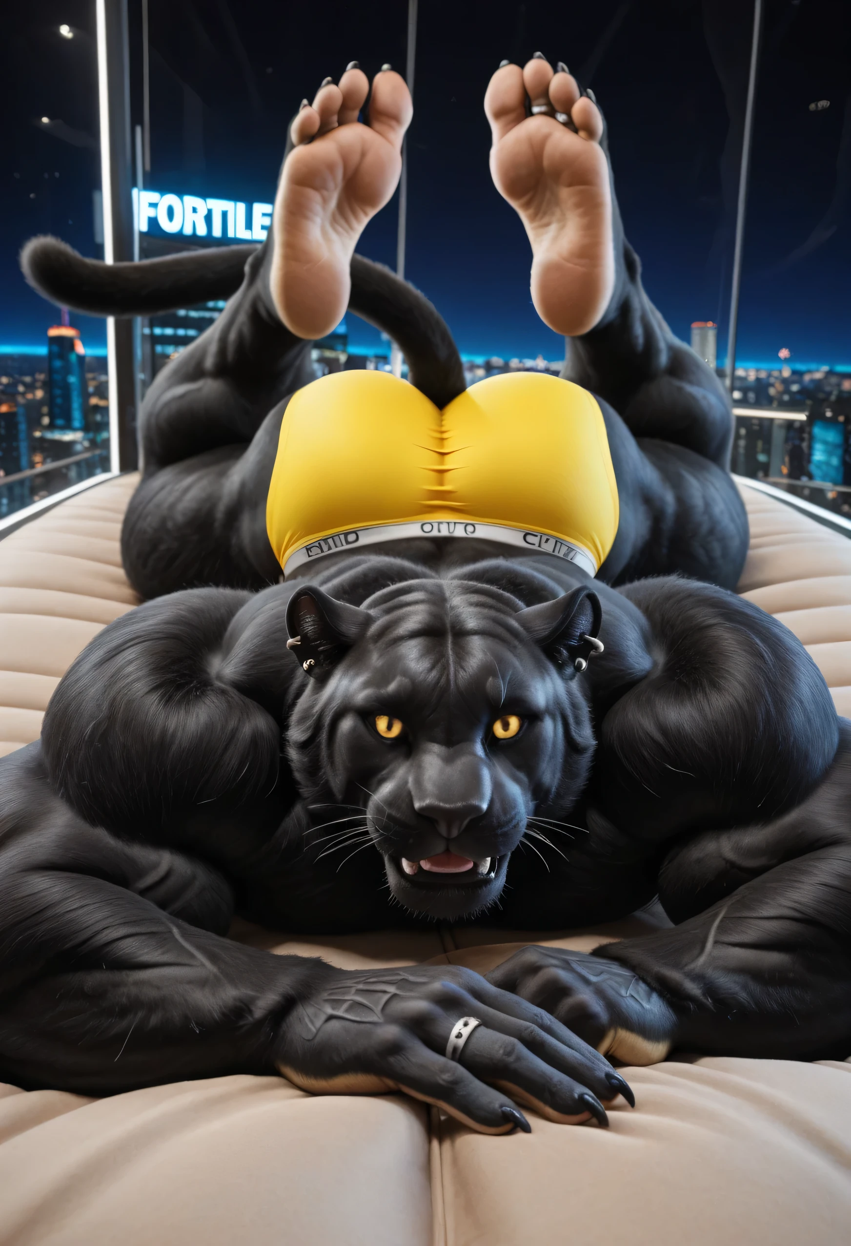 masterpiece, best quality, amazing quality, high quality, RAW photo, (Photorealistic Style), (Perfectly Correct Anatomy). (furry), (1boy), (Huge Adult Male muscular bara Black Panther Boss Koji from Fortnite), Himbo, Very Masculine, Huge Man, (Black Fur Body:1.4), (Black Fur:1.4), Black Black Panther Tail, Huge Hyper Veiny Bulging Muscle:2, Huge Bodybuilder Physique, Huge Bulging Pectoral, Huge Wide Broad Chest, Huge Bulging Abs, Huge Wide Broad Shoulders, Huge Wide Broad Back, Eight-Pack Abs, Huge Pecs, Protrusion, Huge Thick Legs, Strong Body. (Detail Glowing Yellow Eyes with narrow, vertical pupils, emission strictly limited to pupils), Black Sclera:1.4, Realistic Detail Bara Chiseled Male Black Panther Handsome Rugged Boss Koji Face:1.6, strong square jawline, chiseled cheekbones, tough appearance, hairy chest, hairy back, hairy legs, hairy thighs, hairy arms, pubic hair, Huge muscular butt:2. Ear Piercings, Rings, realistic human hands, (Natural Palms Color:1.5), (5 fingers:1.2), Black Claws, (Realistic human feet), (5 toes:1.2), (Natural Soles of Feet Color:1.5), (huge size 20 feet:1.4), (10 feet tall:1.4). In a (Realistic In a High-rise Penthouse Lounge – Overlooking the Neon-lit Mega City, dimly lit), (Solo), looking at the viewer:1.6, (front view:1.7), (lying on stomach:1.7), hand on his own cheek, (focus face:1.8), (close up face:1.8), smug smirk. (Wearing a small tight transparent Yellow Briefs:1.4), Uncensored, (Huge Bulge), (Puffy Nipples).