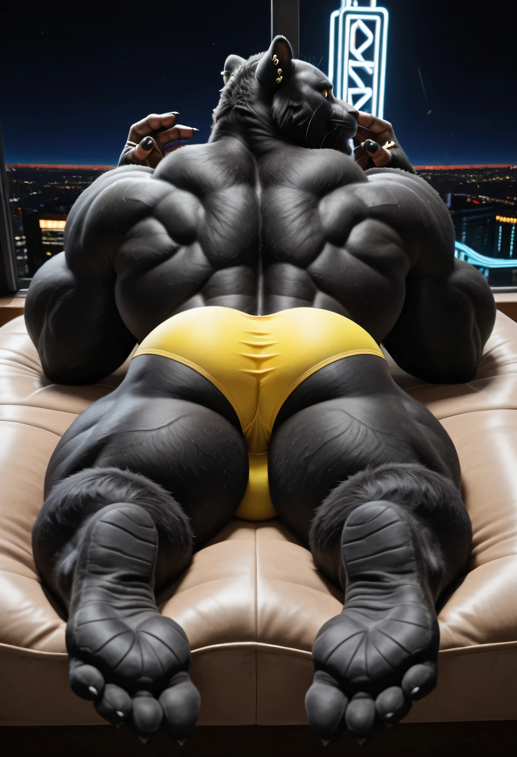 masterpiece, best quality, amazing quality, high quality, RAW photo, (Photorealistic Style), (Perfectly Correct Anatomy). (furry), (1boy), (Huge Adult Male muscular bara Black Panther Boss Koji from Fortnite), Himbo, Very Masculine, Huge Man, (Black Fur Body:1.4), (Black Fur:1.4), Black Black Panther Tail, Huge Hyper Veiny Bulging Muscle:2, Huge Bodybuilder Physique, Huge Bulging Pectoral, Huge Wide Broad Chest, Huge Bulging Abs, Huge Wide Broad Shoulders, Huge Wide Broad Back, Eight-Pack Abs, Huge Pecs, Protrusion, Huge Thick Legs, Strong Body. (Detail Glowing Yellow Eyes with narrow, vertical pupils, emission strictly limited to pupils), Black Sclera:1.4, Realistic Detail Bara Chiseled Male Black Panther Handsome Rugged Boss Koji Face:1.6, strong square jawline, chiseled cheekbones, tough appearance, hairy chest, hairy back, hairy legs, hairy thighs, hairy arms, pubic hair, Huge muscular butt:2. Ear Piercings, Rings, realistic human hands, (Natural Palms Color:1.5), (5 fingers:1.2), Black Claws, (Realistic human feet), (5 toes:1.2), (Natural Soles of Feet Color:1.5), (huge size 20 feet:1.4), (10 feet tall:1.4). In a (Realistic In a High-rise Penthouse Lounge – Overlooking the Neon-lit Mega City, dimly lit), (Solo), looking at the viewer:1.6, (back view:1.7), (lying on stomach:1.7), hand on his own cheek, (focus face:1.8), (close up face:1.8), smug smirk. (Wearing a small tight transparent Yellow Briefs:1.4), Uncensored, (Huge Bulge), (Puffy Nipples).