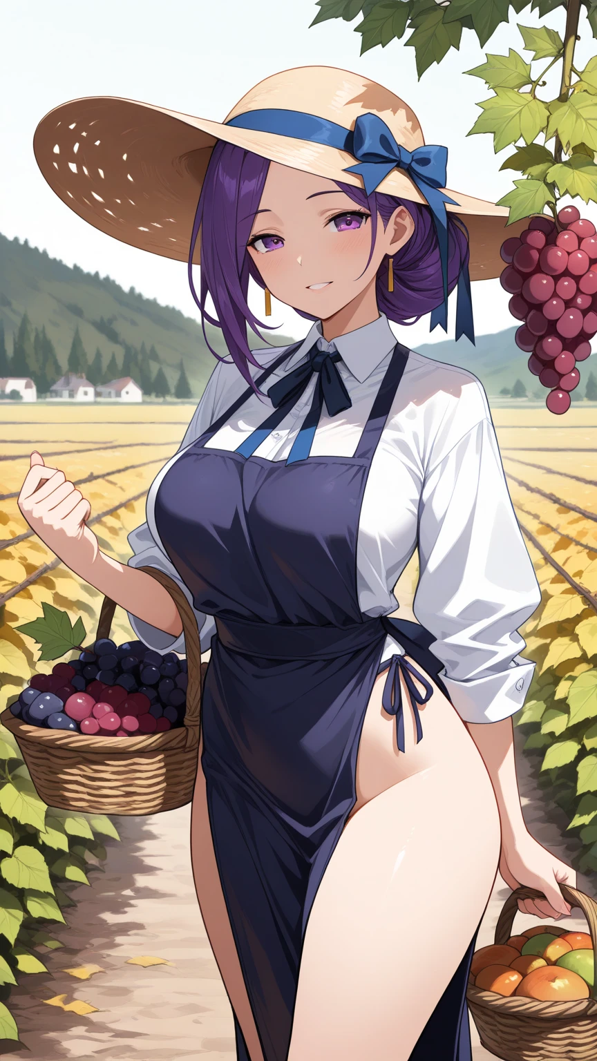 hitenkei style, claude monet style, oil painting, grape farm, vineyard, carrying basket, southern italy, ((???????)), ????, masterpiece, summer, 1 girl, ????? ???????, intricately detailed, navel, ???? shoulders, brown hair, necklace, head scarf, scenery, extremely detailed, ???? ???????, puffy ???????, yellow eyes, ???? stomach, soaked, ??????????????, arm strap, teen, soft eyes, smiling, armpit, sweaty, happy, half open eyes, lusty eyes, blushing, tied hair, 1 ear visible, side bangs, sleepy eyes, large ???????, lifeless eyes, tuscany, full body, long white skirt, scenery