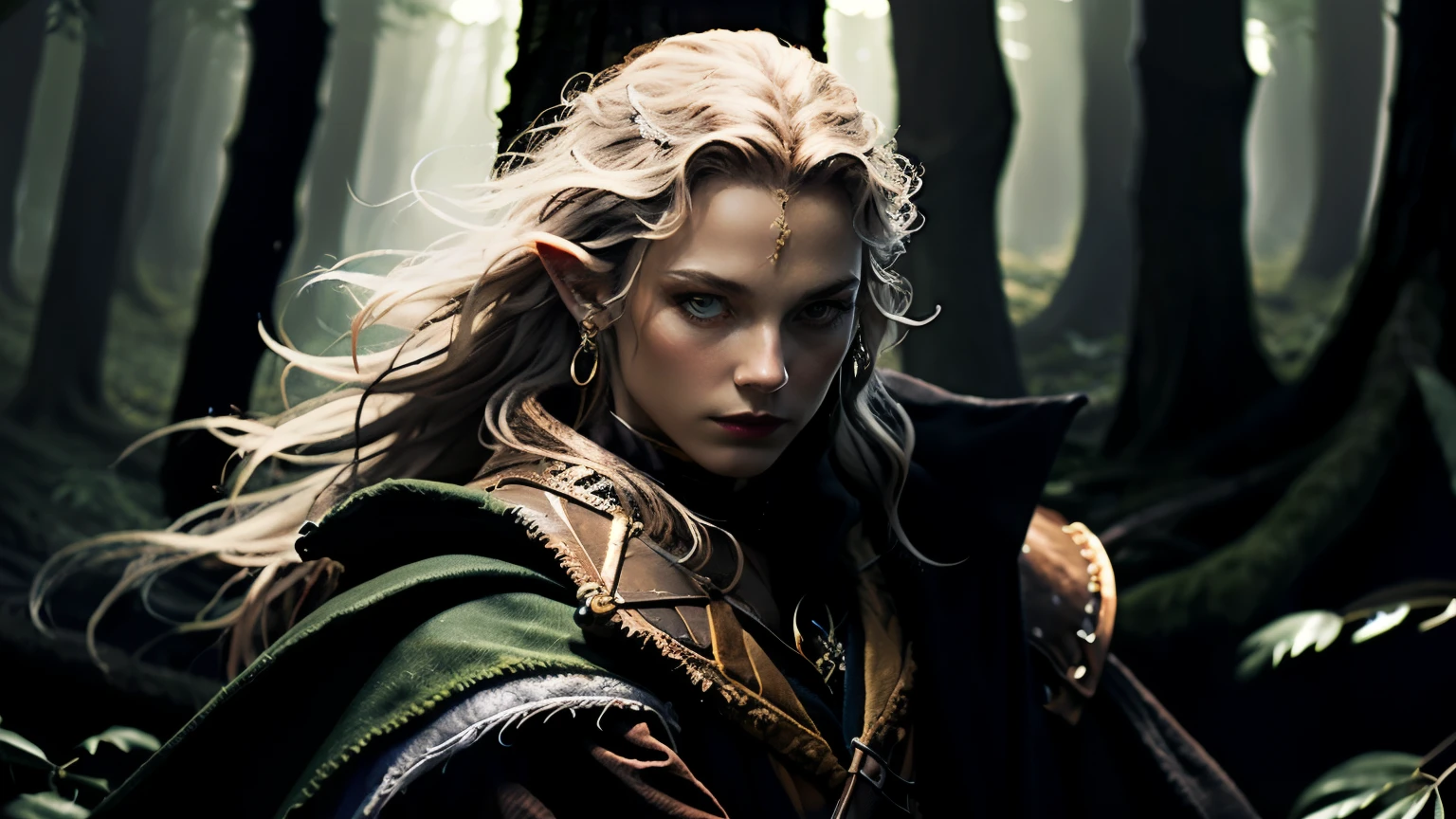 Tolkien, Middle-earth , Mirkwood, in the style of Anatoly Finnstark, (masterpiece:1.2), (of the highest quality,:1.2), 8 k, highly detailed, hyperrealistic, cinematic lighting, ambient lighting, Bridget, like rpgelf, witch, (((cowboy shot))), earrings, choker, necklace, dark makeup, long wild disheveled blond hair, dynamic pose, robe, belt, jewelry, raincoat, circle , ((looks at the viewer)), in the dark and misty forest,