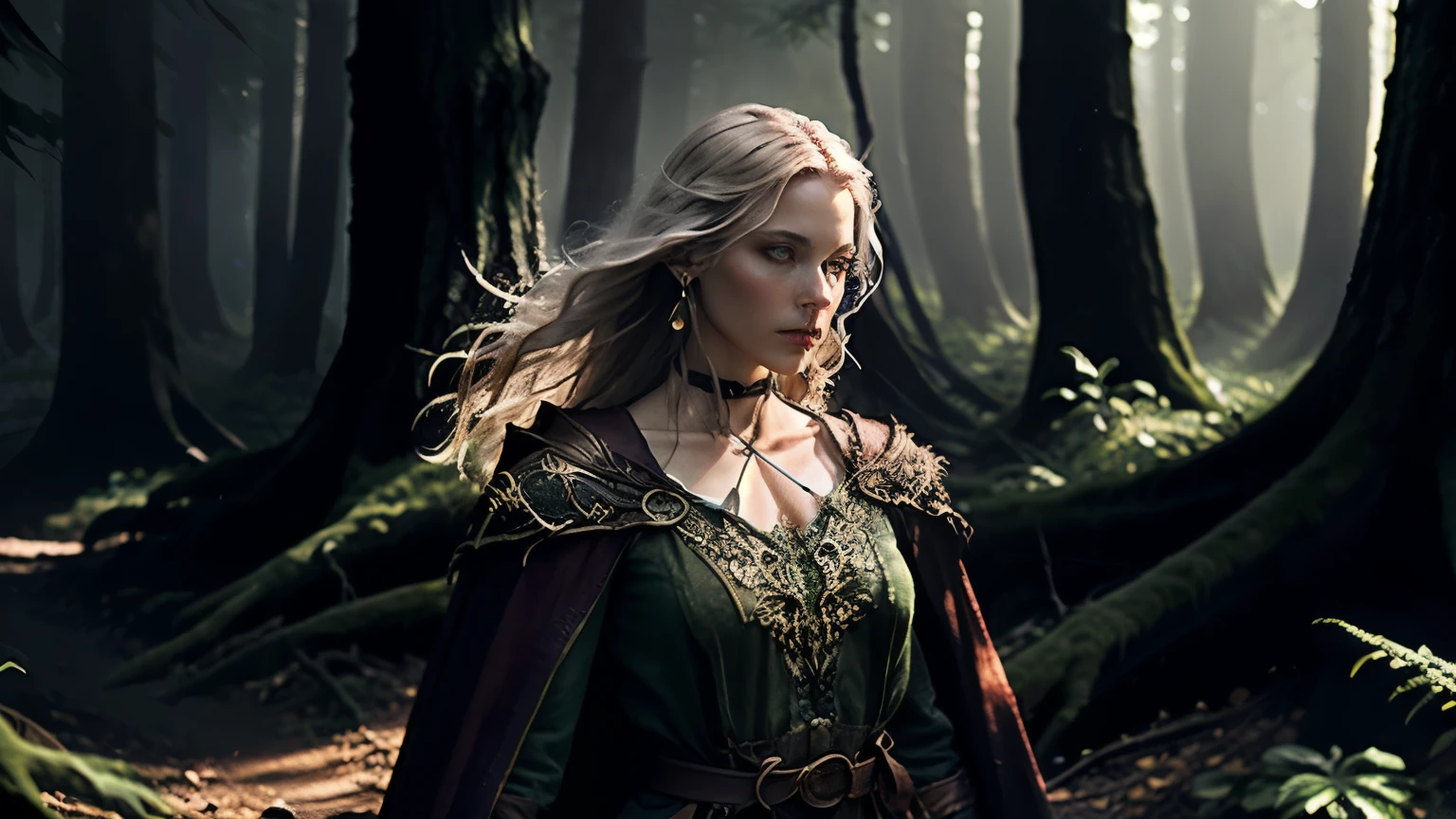 Tolkien,  Middle-earth , Mirkwood, in the style of Anatoly Finnstark, (masterpiece:1.2), (of the highest quality,:1.2), 8 k, highly detailed, hyperrealistic, cinematic lighting, ambient lighting, Bridget,  like rpgelf, witch, (((cowboy shot))), earrings, choker, necklace, dark makeup, long wild disheveled blond hair, dynamic pose, robe, belt, jewelry,  raincoat, circle , ((looks at the viewer)),  In the dark and misty forest ,  