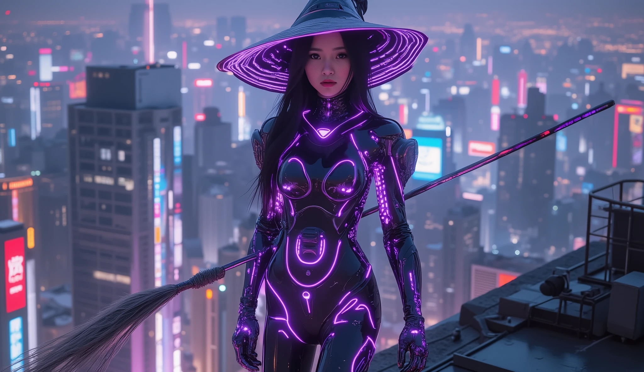 Cyberpunk witch in a high-tech bodysuit with neon purple accents, digital broom, hovering next to her, mechanical gloves, LED hat, stands on a roof in neon city, hyperrealistic lighting and shadows, full body