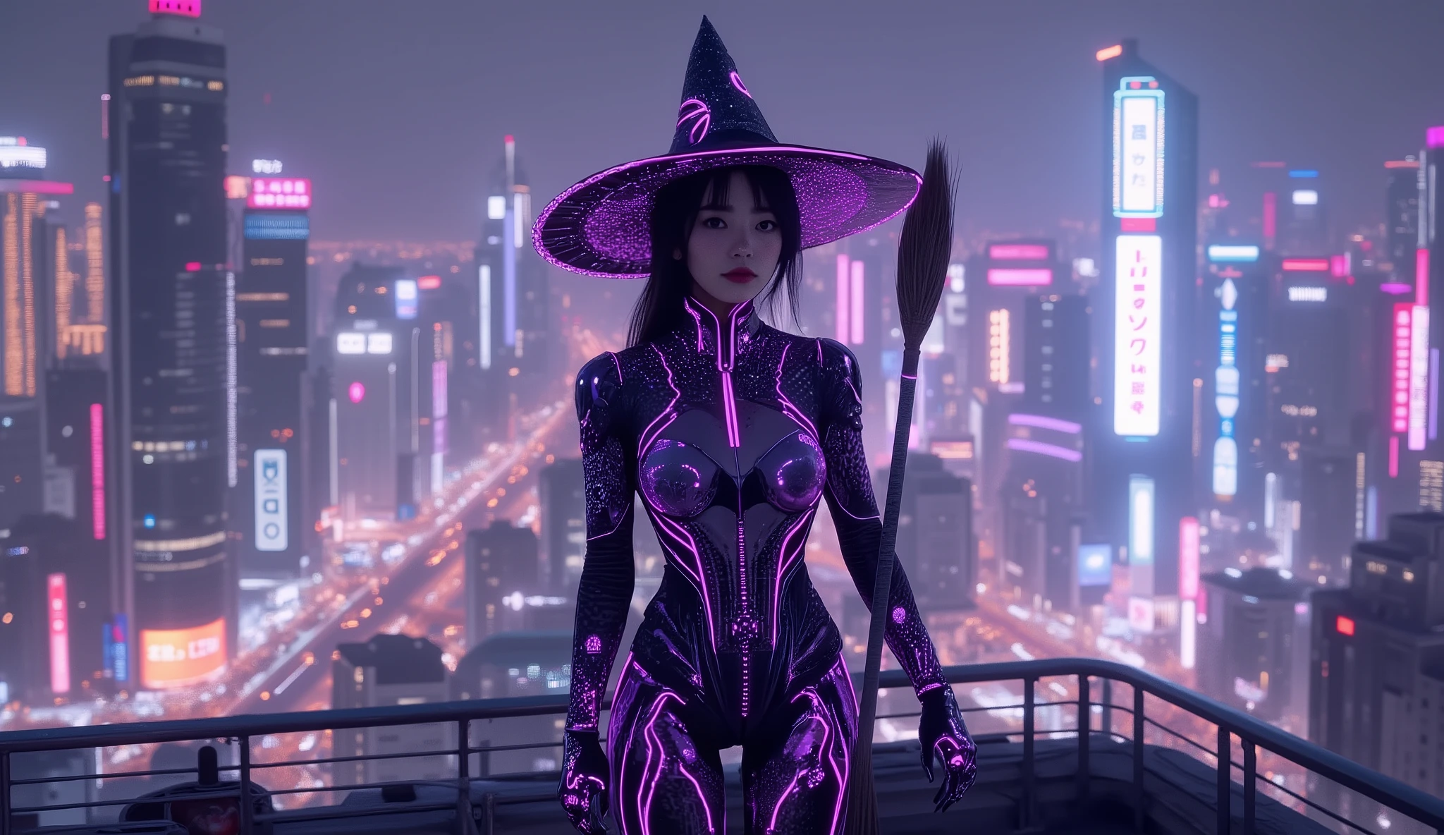 Cyberpunk witch in a high-tech bodysuit with neon purple accents, digital broom, hovering next to her, mechanical gloves, LED hat, stands on a roof in neon city, hyperrealistic lighting and shadows, full body