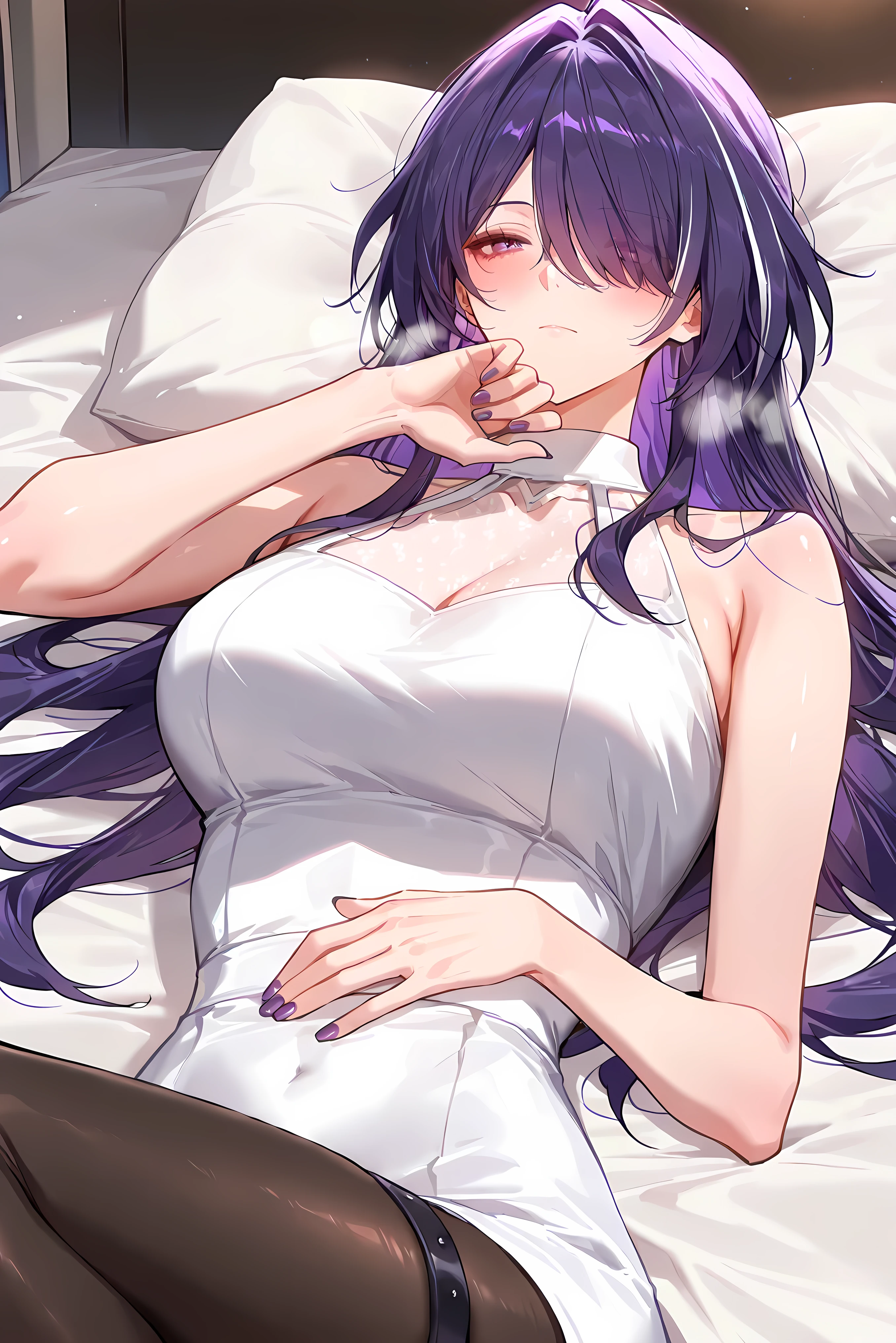 score_9, score_8_up, score_7_up, masterpiece, best quality, very aesthetic, absurdres, tunning image, attractive image, 1girl, adult grown woman, acheron (honkai: star rail), purple hair, hair over one eye, long hair, purple eyes, medium breasts, closed mouth, heavy breathing, masterpiece,best quality,amazing quality, ero404, noona, 5 fingers, purple nails, alternate costume, white sleeveless knee length chiffon simple dress, pantyhose, thigh strap, lying down, in a relaxed pose, midnight, night time