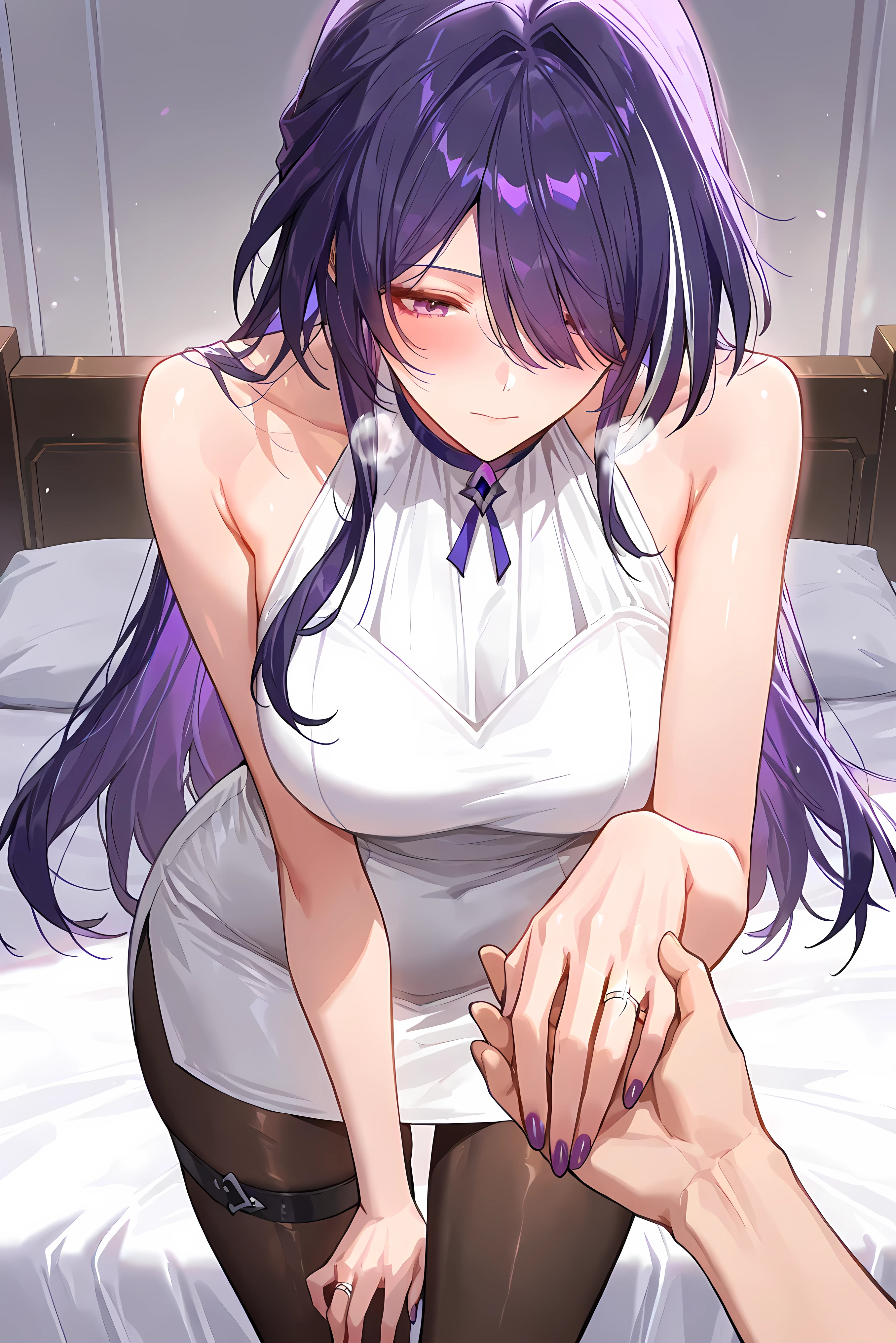 score_9, score_8_up, score_7_up, masterpiece, best quality, very aesthetic, absurdres, tunning image, attractive image, 1girl, adult grown woman, acheron (honkai: star rail), purple hair, hair over one eye, long hair, purple eyes, medium breasts, closed mouth, heavy breathing, masterpiece,best quality,amazing quality, ero404, noona, 5 fingers, purple nails, alternate costume, white sleeveless knee length chiffon simple dress, pantyhose, thigh strap, wedding ring, marriage proposal, pov, pov hands, hand grab,