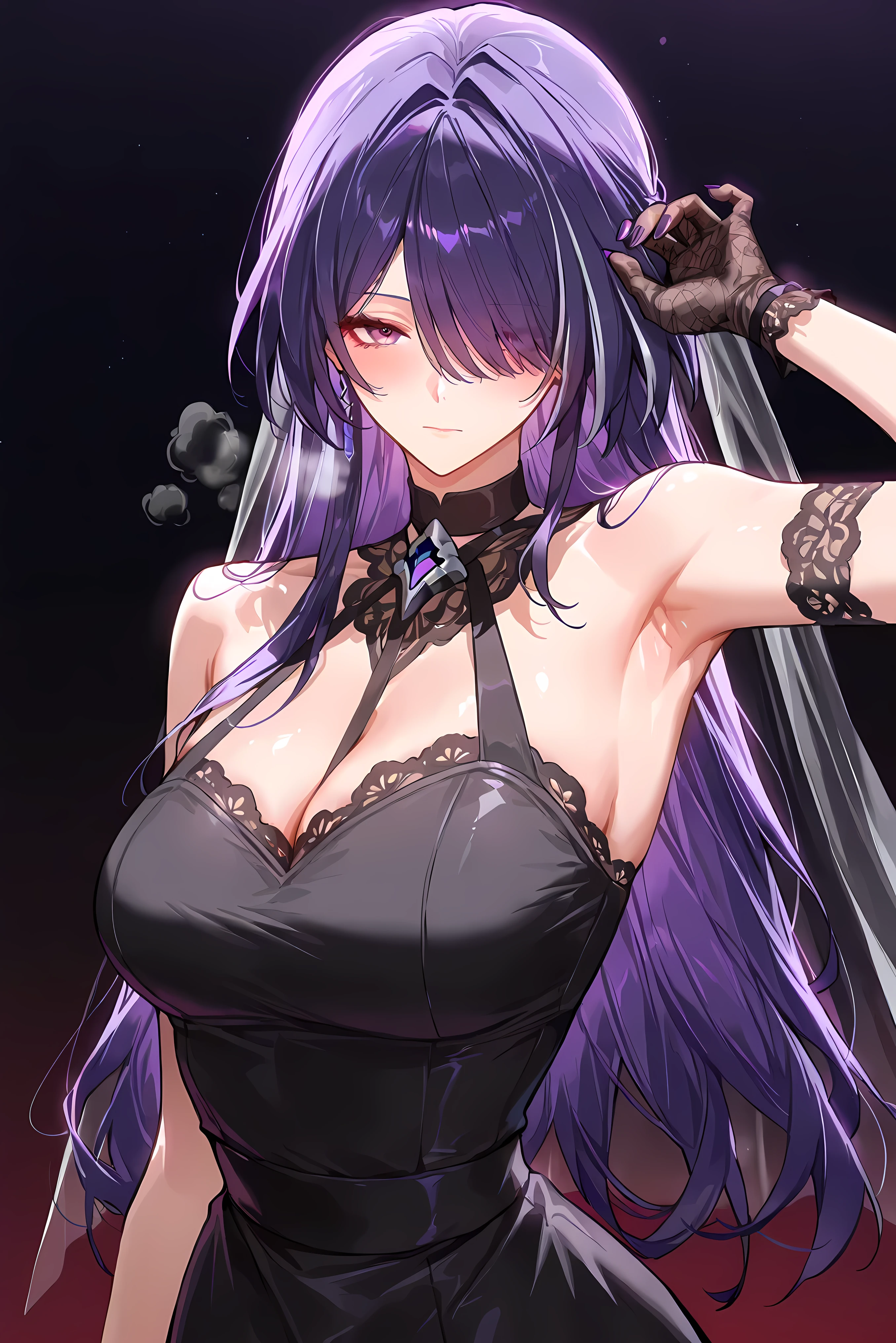 score_9, score_8_up, score_7_up, masterpiece, best quality, very aesthetic, absurdres, tunning image, attractive image, 1girl, adult grown woman, acheron (honkai: star rail), purple hair, hair over one eye, long hair, purple eyes, medium breasts, closed mouth, heavy breathing, masterpiece,best quality,amazing quality, ero404, noona, 5 fingers, purple nails, alternate costume, gothic dress, black dress, gothic veil, lace gloves, bridal veil, shoulder, looking at viewer, dark background, perfect waist, standing, eyelevel shots, lace gloves, lace shoulders, armpits 