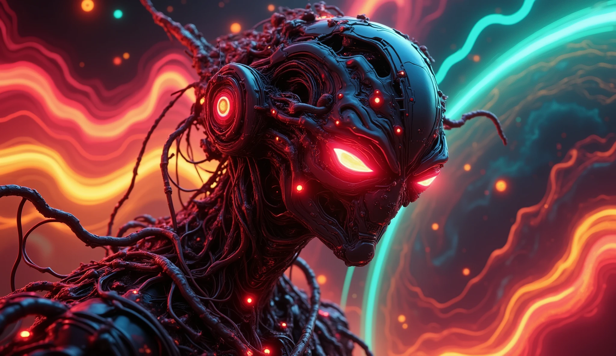 A menacing alien cyborg head, with glowing red eyes, drifting through space like a spaceship. he is a guardian watcher in space. Numerous cables, strands and hoses protrude chaotic from its shiny metallic form. he has an overall light red glow and looks very threatening. In the background, a luminous planet in neon turquoise, yellow and red with prominent rings and swirling nebula."