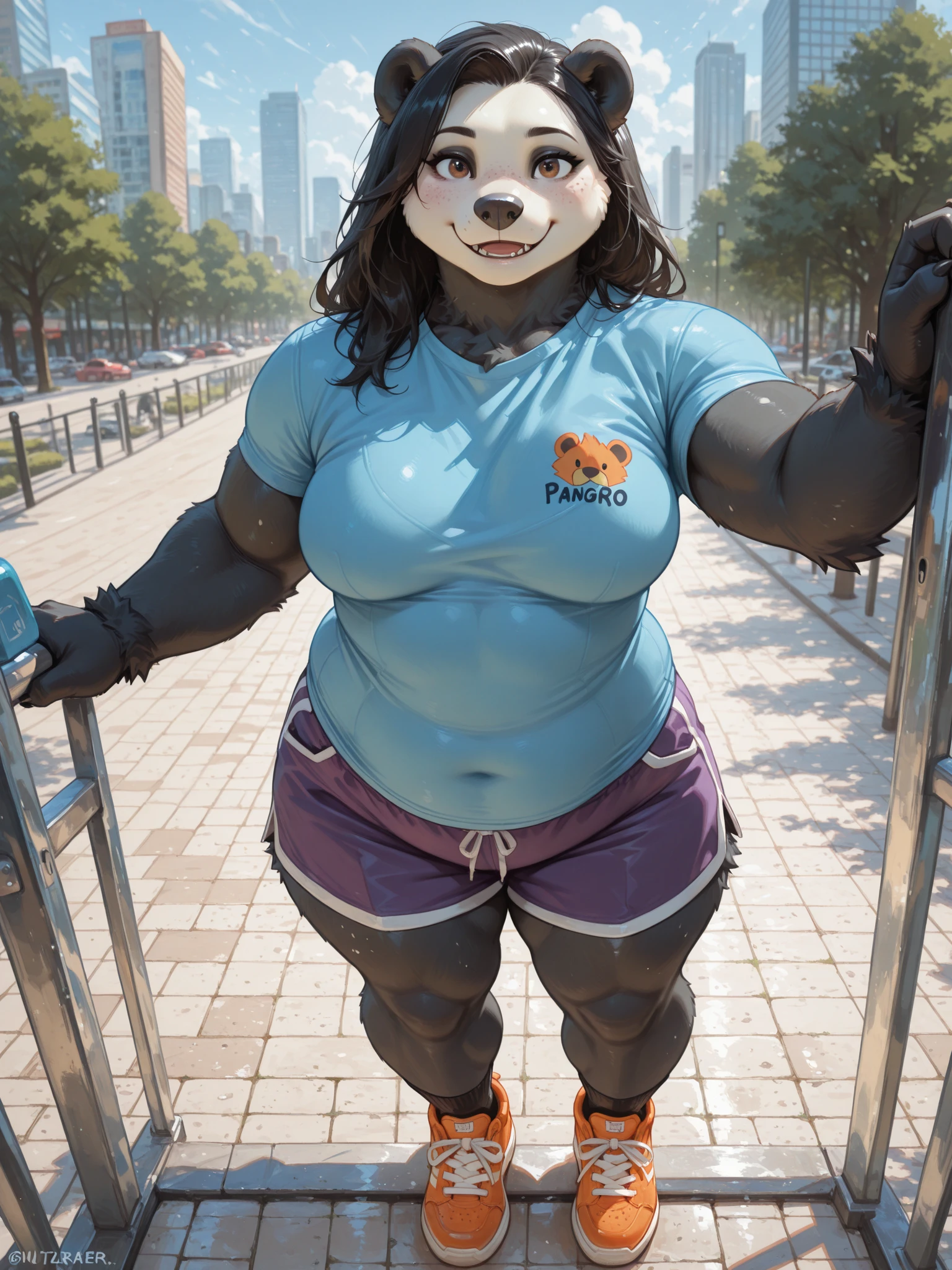 by darkgem, by duase, by boosterpang, by BNG, solo, 1girl, sergal, (white fur:1.3), black hair,  smile, (round glasses:1.2), buff, muscular, giantess, female, older woman, , broad shoulders, wide body, (hyper hips:1.2), thick thighs, big arms, (hyper breasts:1.1), (round breasts:1.2), (breast implants:1.4), (fake breasts:1.2), thick , highly detailed eyes, (:1.5), (black :1.4), (flip flops), Masterpiece, best quality, absurd res, highly detailed, cleanly drawn eyes, park environment, standing upright, (big bottom lip:1.2), purple lipstick, casual posture, (full body:1.3), walking towards viewer, hands on hips, (giantess:1.4),