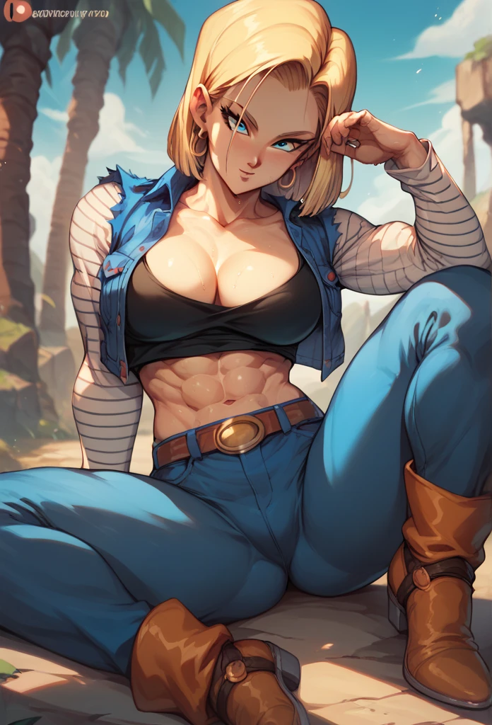 (Muscular:2), (thick thighs:1.8), 
princess_zelda_aiwaifu, pointy ears, braid, hair ornament, hairclip, fingerless gloves, blue shirt, long sleeves, crown braid, bangs, (black pants), green eyes, parted bangs, short hair, sidelocks, thick eyebrows, (tight black pants:1.3), (big smile),
hard , (small breasts),
eyeshadow, lipstick, midriff, (sitting on the grass:1.3), (kneeling), from above,
looking at viewer, ,
rim lighting, detailed skin, detailed eyes, grassy field