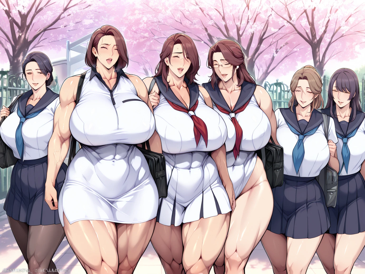 multiple thick body mature women milfs wearing sleeveless shirt and lift skirt ((show panties)), all milfs standing straight show only backside to camera, ????, show full body, show back view, in patio, dark skin tone milf, ????, tied ribbon mid waist,
