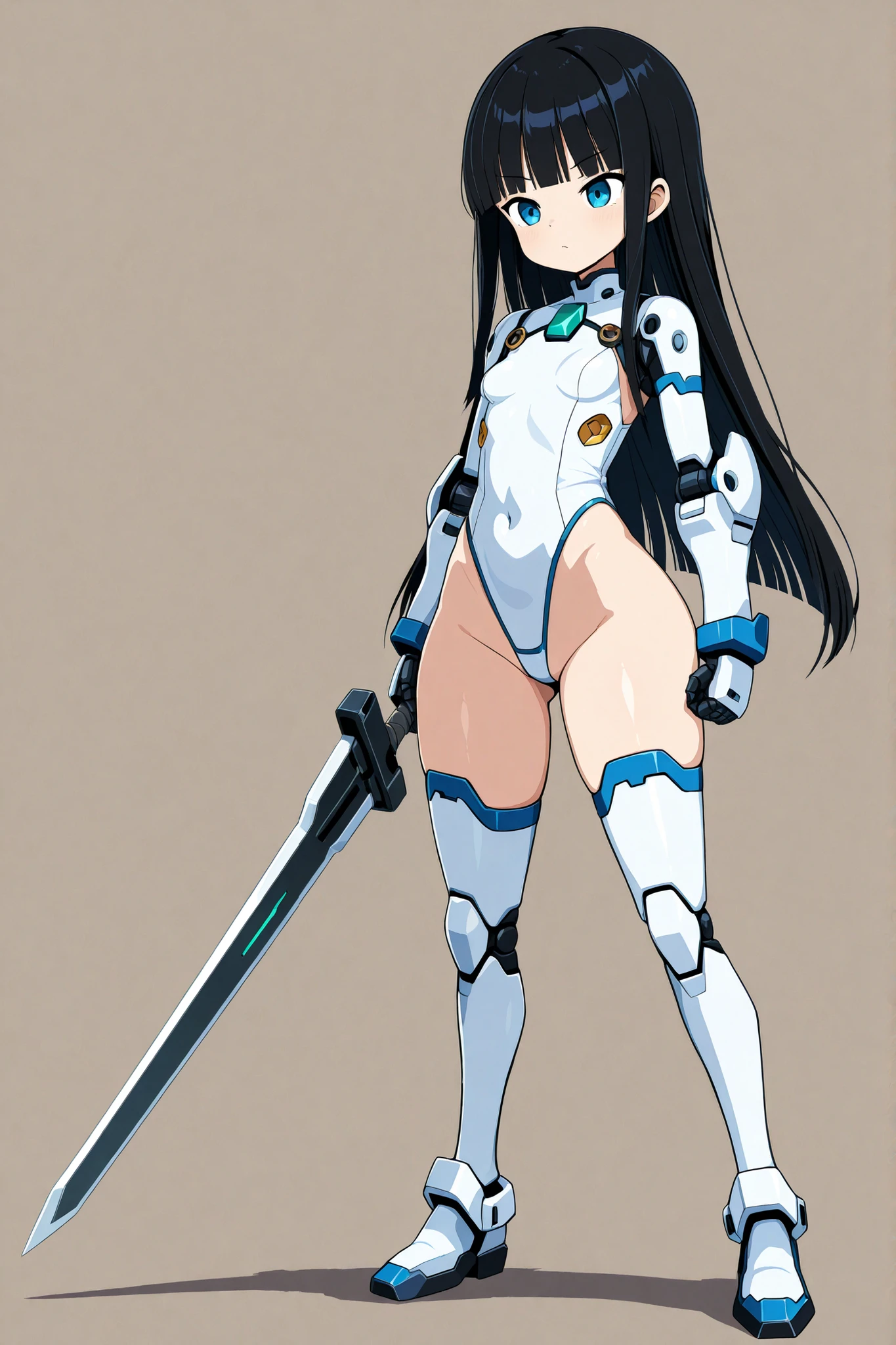 young small girl, wide :1.1, straight hair, long hair, small , highleg:1.1, simple background, full body, kuroinu style:1.1, broadsword