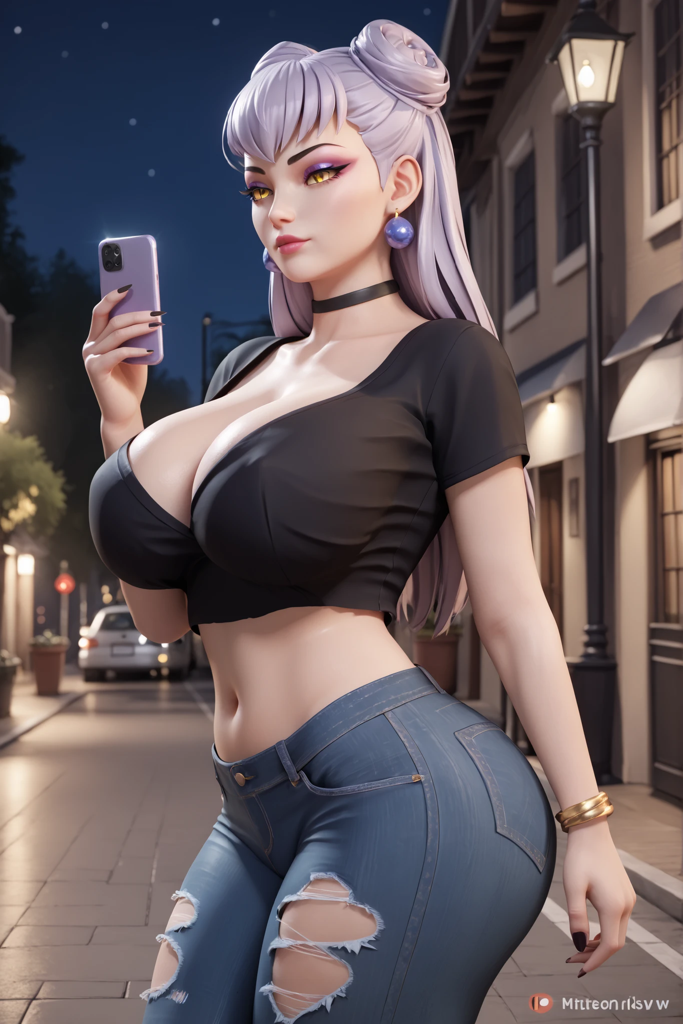 pony_negativeV2,score_9, score_8_up, score_7_up, (masterpiece), (rating_questionable), (detailed), (highres), (perfect face), high quality eyes, 3d, blender style, migplatiniumv4, BREAK 1girl, solo, long hair, light purple hair, evelynn hair, double bun, yellow eyes, makeup, earrings, bracelet, jewelry, choker, collarbone, breasts, huge breasts, navel, thighs, thick thighs, (black shirt, blue jeans, ripped jeans), cowboy shot, (outdoors at a street, outside), view from side, sexy expresion, late night, dark, holding a cellphone.
