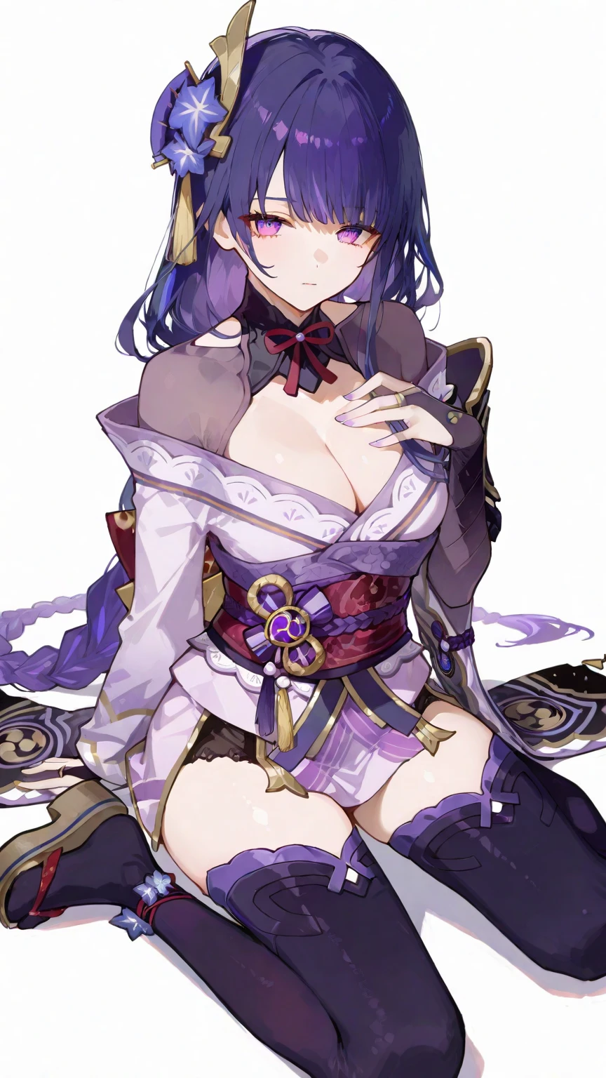 1girl,solo,long hair,breasts,looking at viewer,bangs,large breasts,simple background,hair ornament,white background,cleavage,closed mouth,purple eyes,purple hair,braid,flower,japanese clothes,armor,shoulder armor,purple flower,<lora:lbc_yayi0427-000009:0.8>,