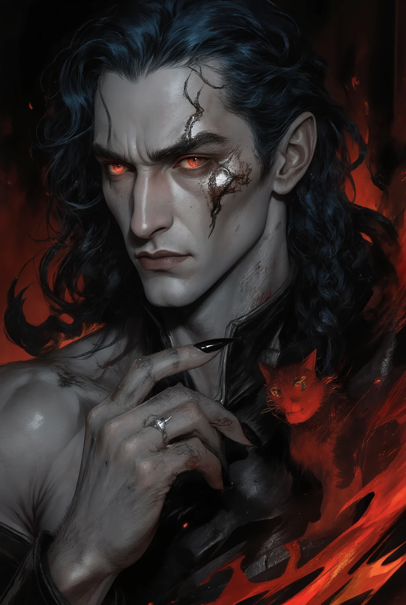 This man is a war-weary guardian and a pragmatic hero who plays the part of the cartoonish villain necromant with the gusto of a theatre kid finally handed a starring role. Face: Aristocratic and sharp-featured, with a prominent, straight nose and high cheekbones that would be considered handsome in any other context. His most notable feature is a thin, silvery scar that runs from the his left eye, down across his cheekbone, and through the corner of his lip. Eyes: Naturally a warm, light brown—almost the color of fine cognac. They are intelligent and often tired, but can sparkle with humor or cynicism. When channeling magic, they glow with the color of the energy he wields (e.g., void-black for necromancy, crimson for fire). He uses minor illusion magic to make them appear as slitted, serpentine eyes when "on stage" for the Luminian court. Hair & Skin: His long hair is a deep blue-black, typically kept in a practical but intricate braid to keep it out of his way during combat or complex spellcasting. Thanks to his necromantic powers subtly altering his biology, his hair can move independently, acting like a third hand to grab a quill or swat away Fluffy (his big red vampire cat with bat wings). His skin is a pale, cool gray, akin to weathered marble. He can consciously alter its shade, from a darker, shadow-blending grey for stealth to a deathly, ashen pallor for dramatic effect. Physique: Tall (6'5") and broad-shouldered, with the lean, powerful muscles of a seasoned warrior. His movements are economical and possess a predator's grace. Hands: Slender, pianist's fingers, calloused from swordplay and precise magical gestures. His nails are a permanent, glossy black from an old alchemical accident, looking like polished claws. He keeps them meticulously trimmed.
