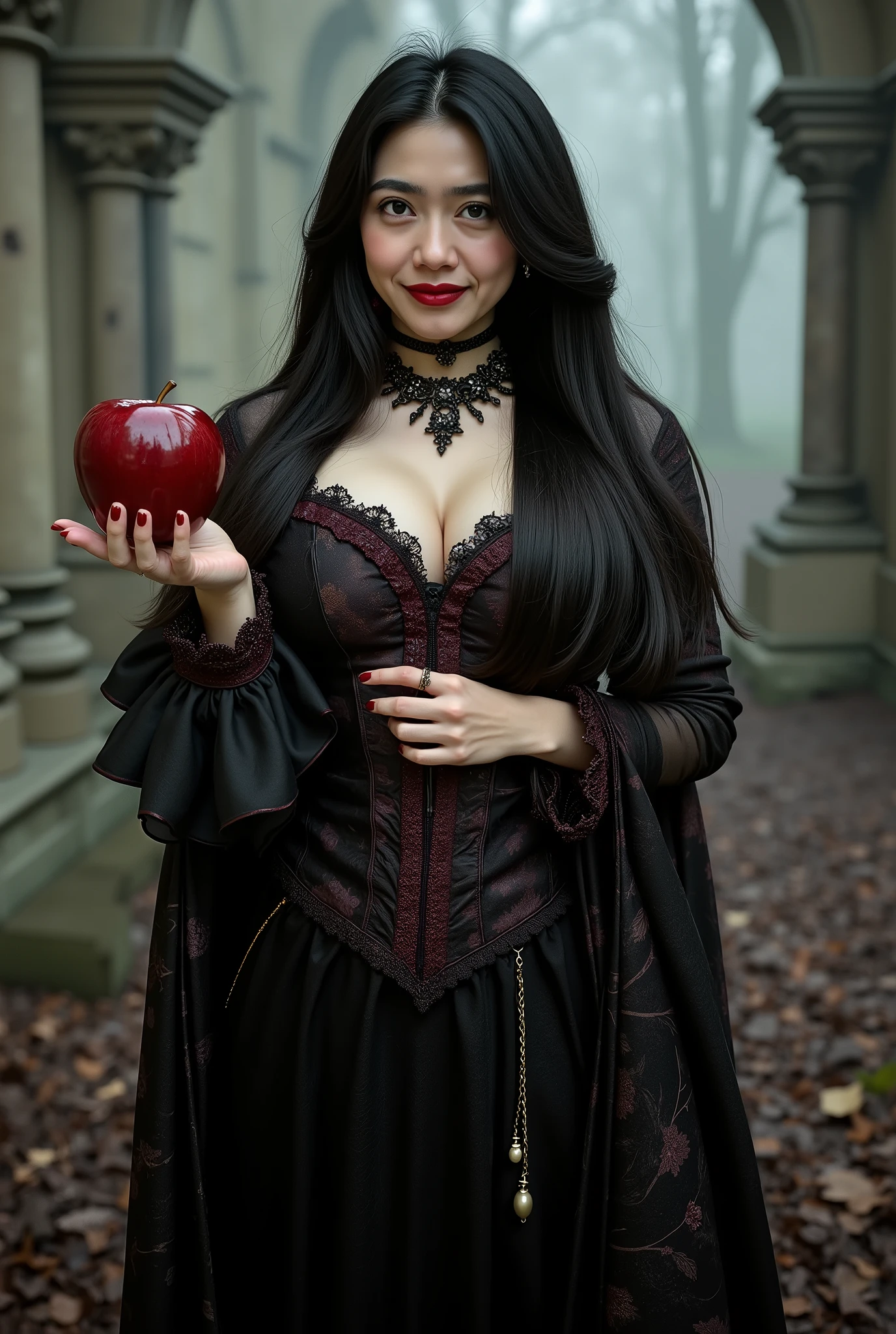 Girl,Black long hair,Black Queen,accessories,Apple in hand,Poison apples,Witch Queen,Red lipstick