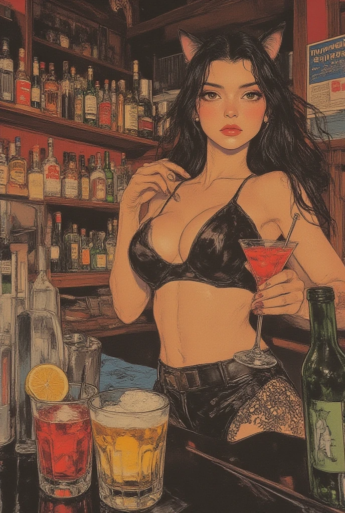 very sexy girl, long black hair, glasses,  and  white tank top, pronounced , small breasts,  look, beer, large window with views of the night, stars, moon, (art inspired by Bill Sienkiewicz). oil painting)
