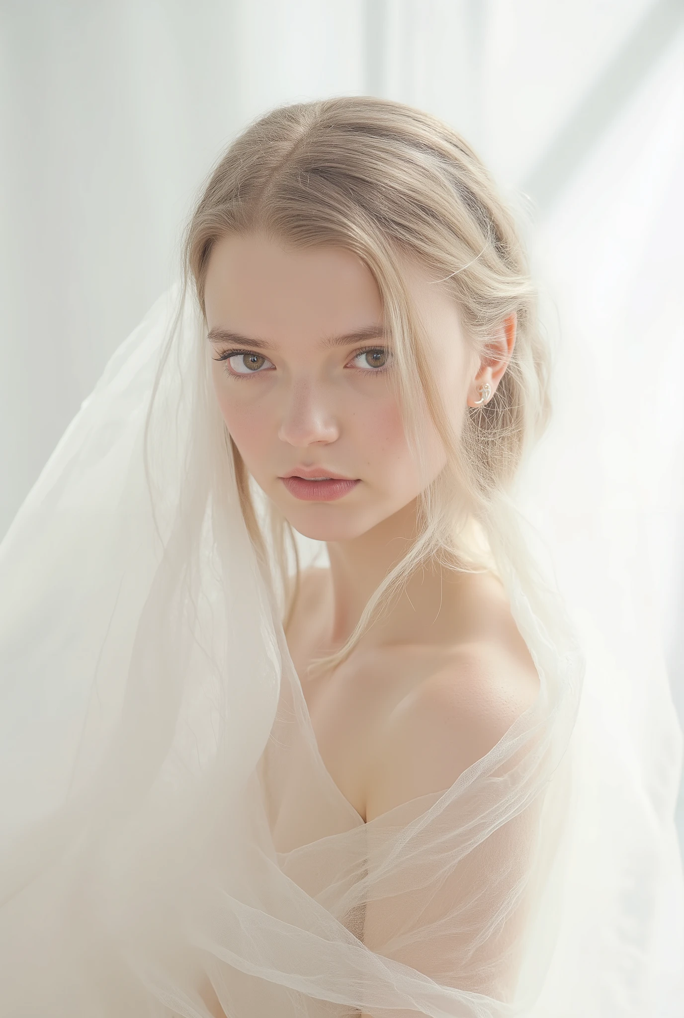 A girl with a soft, serene expression stands wrapped in a delicate, ethereal fabric. Her skin appears to have a flawless, creamy texture, enhanced by the soft glow of the ambient light. Her long white hair, styled in elegant waves, is pinned up partially, creating a refined yet natural look. The overall composition of the image is minimalist, focusing on simplicity and elegance. The lighting is bright and diffuse, lending the entire scene a dreamy and ethereal quality. The atmosphere is calm and intimate, evoking a sense of peace and introspection. The use of white and soft tones adds to the sense of purity and tranquility in the image. The slightly out-of-focus background enhances the focus on the girl and a sensual expression on her face. natural light skin tone. detailed skin texture. realistic skin with vellus hair. the light shines on her body. dramatic lighting. masterpiece. ultra-detailed. high quality. hyperrealism. intricate details.