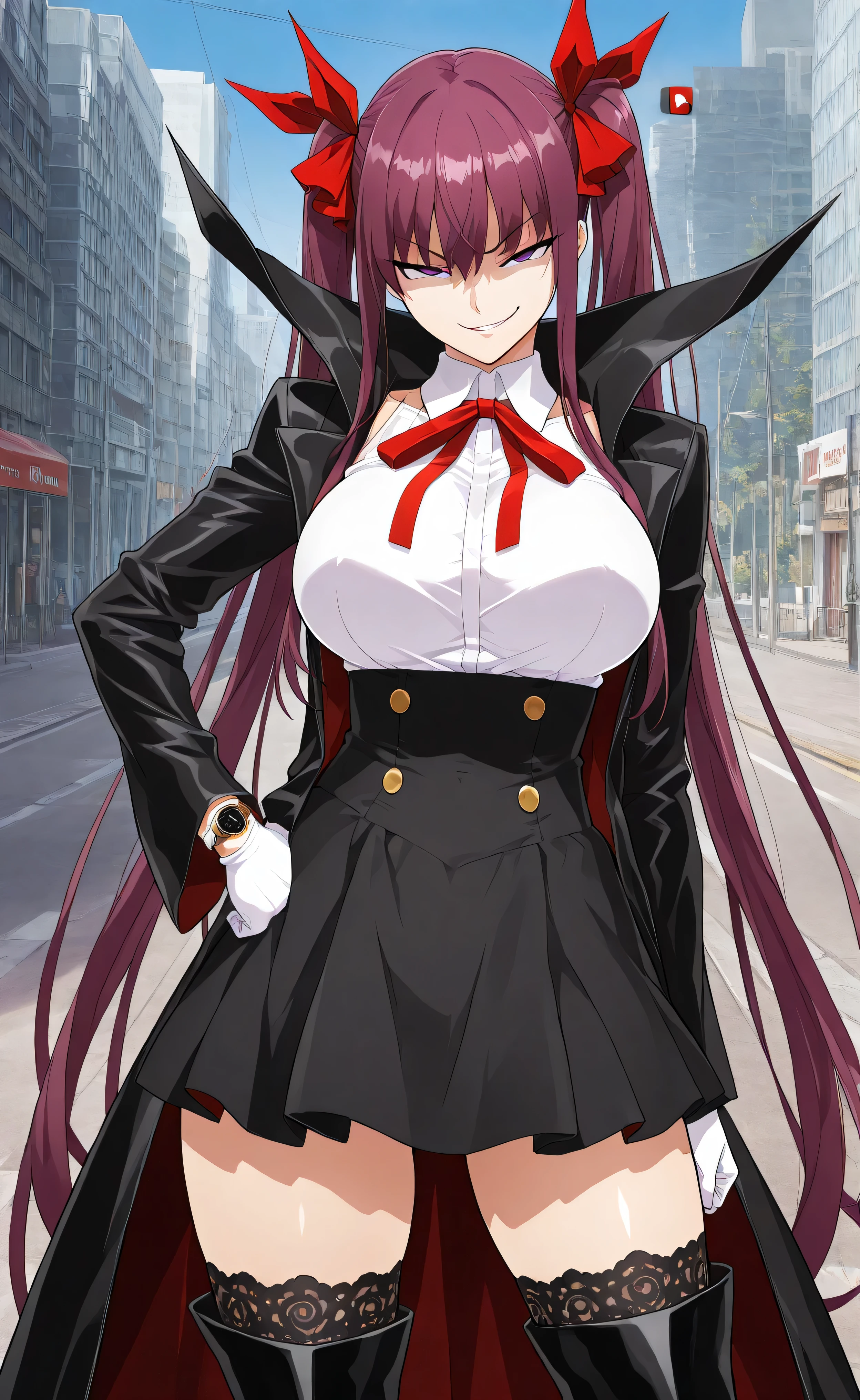 high resolution photo, masterpiece, top quality, great quality, official art,
1girl, (-UFOTABLE style, youtube anime), watch viewers,
, day, solo, 1girl,(was tortuous),BREAK,big boobs, BREAK solo, , watch viewers, thick body that looks arrogant,,,,,,,,,,,,, ,,
bb,destiny, ridiculously long hair, purple hair, purple eyes, A strand of hair, red hair ribbon that propagates, white leotard, red lace trim, black coat, long breasts,neck ribbon、red ribbon、white shirt、black skirt、high waist skirt、white gloves、black thigh boots、Lace Trim Legwear、black coat、Collar up、、femdom、(evil smirk:1.5),