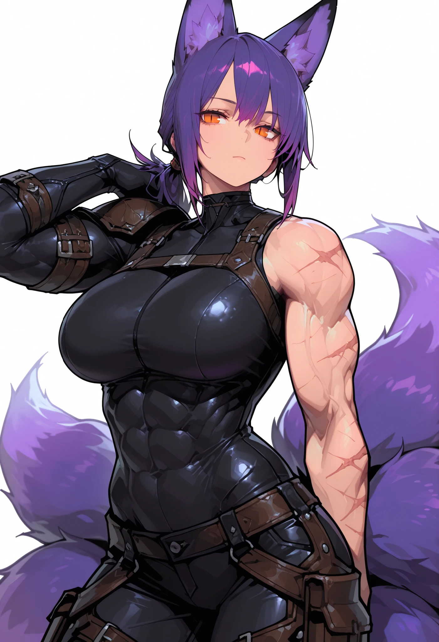 gorgeous kitsune girl, beautiful face, kitsune, purple color hair, hunter girl, orange eyes, slit pupils, detailed eyes, personalami style, volputrous body, covered breasts, curvy and athletic, kitsune ears, hair tied in a ponytail, lean muscles, black bodysuit, pants, leather armor, bare arms and neck, scars on arms, light abs, calm, lean muscular arms and legs, athletic body, kitsune ears, dominant expression, masterpiece, ultra definition, simple white background, fantasy character, detailed face