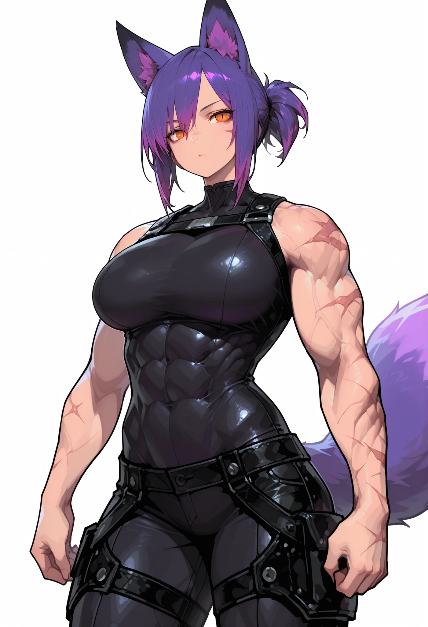 gorgeous kitsune girl, beautiful face, kitsune, purple color hair, hunter girl, orange eyes, slit pupils, detailed eyes, personalami style, volputrous body, covered breasts, curvy and athletic, kitsune ears, hair tied in a ponytail, lean muscles, black bodysuit, pants, leather armor, bare arms and neck, scars on arms, light abs, calm, lean muscular arms and legs, athletic body, kitsune ears, dominant expression, masterpiece, ultra definition, simple white background, fantasy character, detailed face