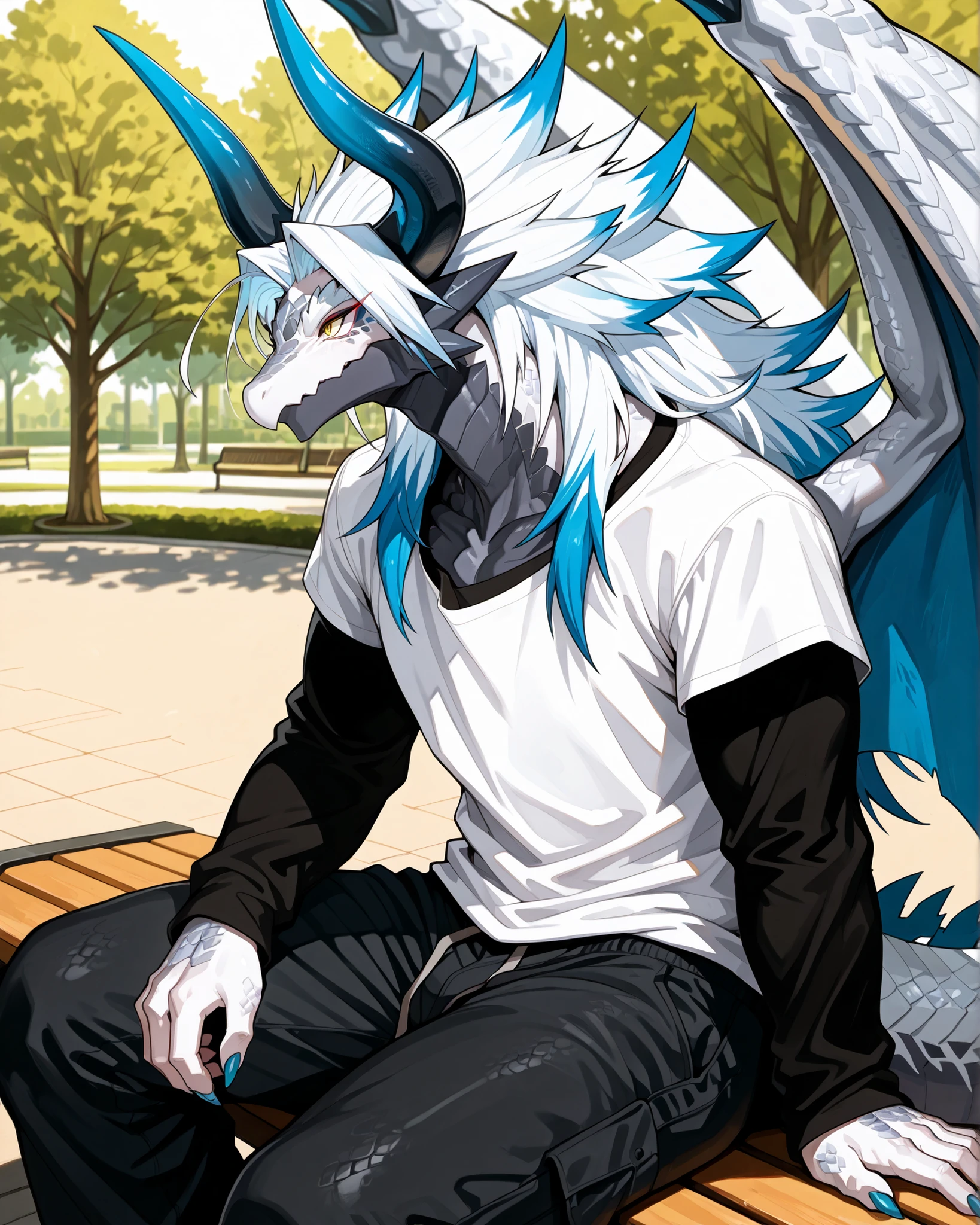 best quality,4g1typ3,Batzz,,Dragon, solo, male focus, white body, blue tails, muscular, white hair with blue tips, Maine, long hair, tailed hair, long face, horns, blue nail, Dragon boy, tail, big wings, detailed eyes, yellow eyes, eye shadow, eyeliner, makeup, dragon boy, scaly, scales, white face, horns back, voluptuous, in the park, park background, black loose-fitting long-sleeved t-shirt, double-layer t-shirt, black loose pants, sitting on the bench, side view