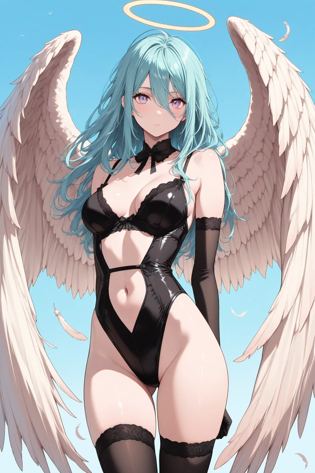 {{masterpiece}}, best quality, extremely detailed CG unity 8k wallpaper, cinematic lighting, lens flare, beautiful detail eyes, black,  side glance,  multicolor short white hair, colorful light, particles, heterochromia, (colorful:1.5), (colorful hair:1.5), Sexy white bikini, bikini armor, Black wings on back,  slip, Hairy , burning bikini suit,