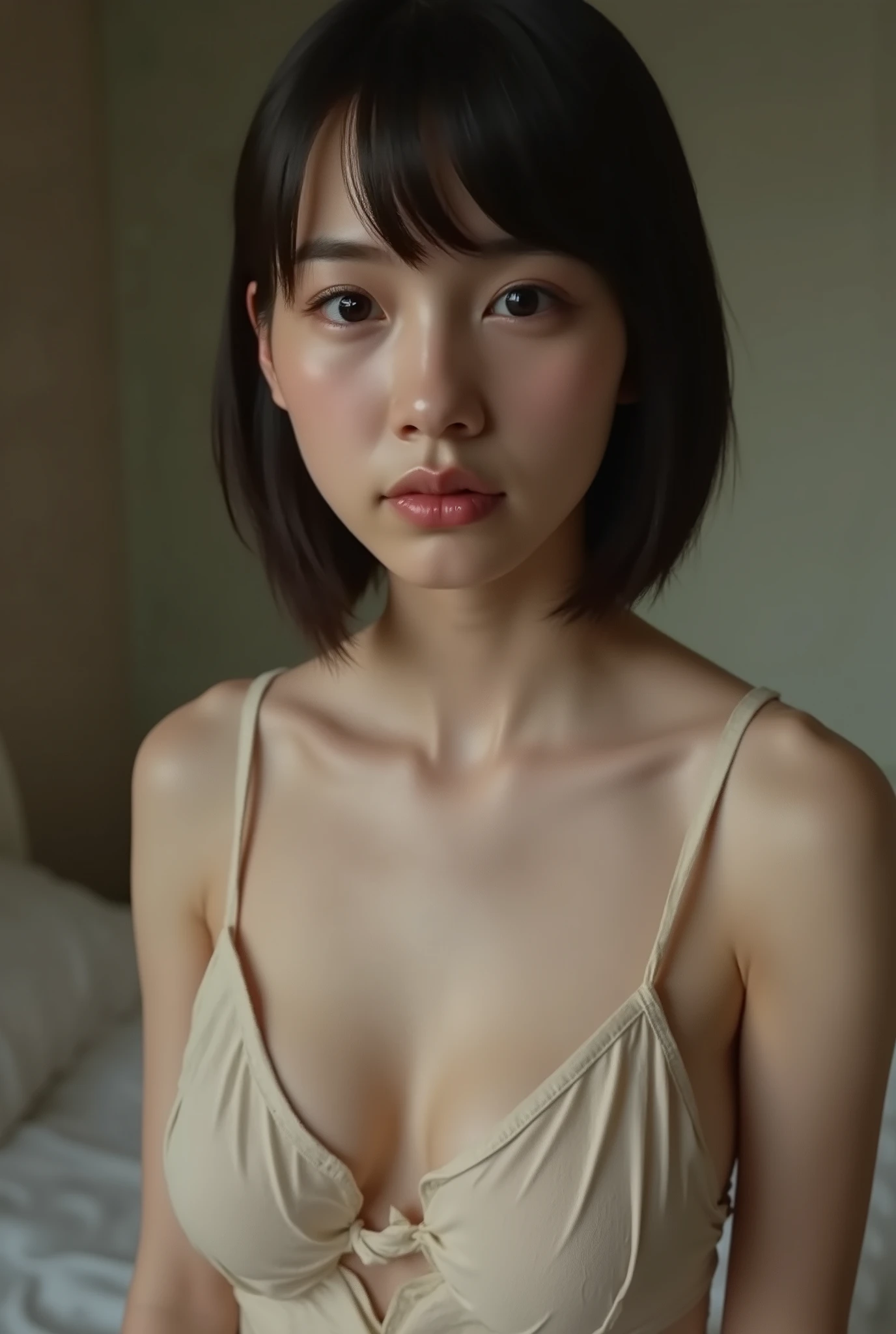 (( premium quality, 8k )), ((masterpiece)), ( details), 、dark hair, Japanese Girl, first-person view ,One Woman, thin girl, petite girl , sexy,( full nude, in the bedroom),((( very large breasts, full nude, beautiful breasts, short bob hair , dark hair))), ((dark hair )) , (( No Decorations, no accessories, full nude, without makeup))