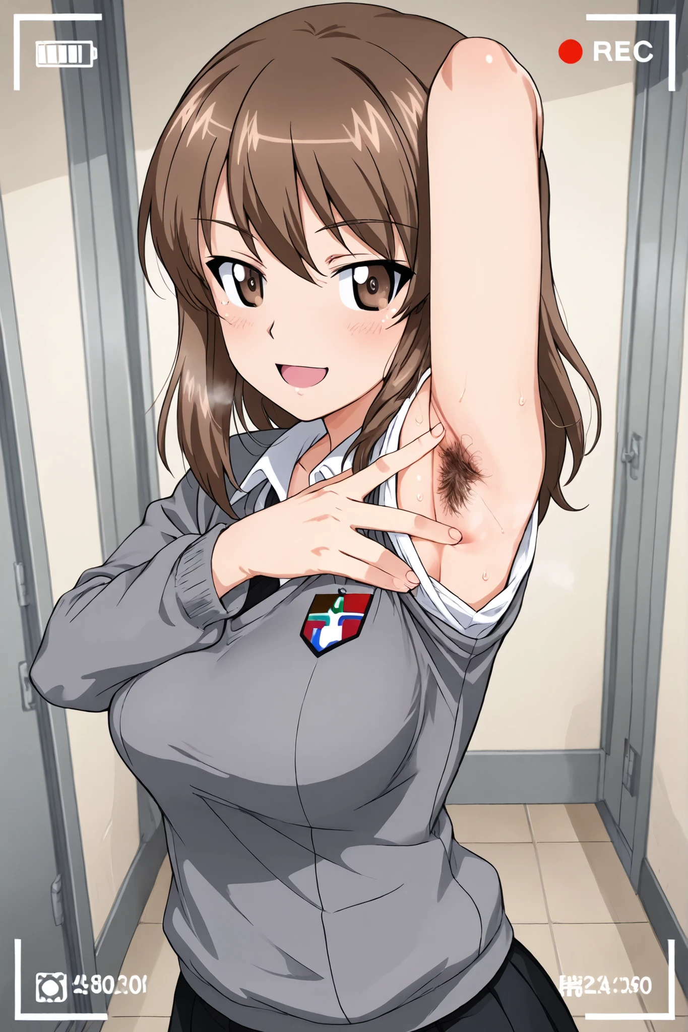 1girl, Character, Girls_und_Panzer, happy, Saunders school uniform, selfie, viewfinder display, School hallway, Girls_und_Panzer art style(armpit hair ,steam ,spread armpit ,large breasts :1.0)mika