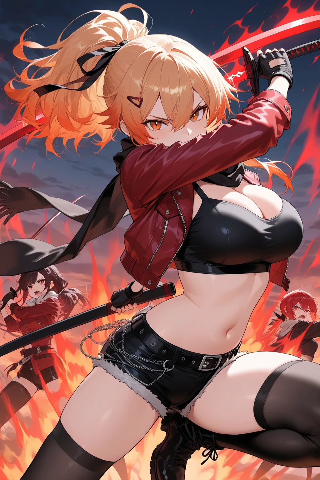best quality, high resolution, large breasts, blonde hair, blush, embarrassed, cowboy shot, looking at viewer, bowsette, pink lip, (into the volcano), (bathing in lava), sexy legs, black corset,