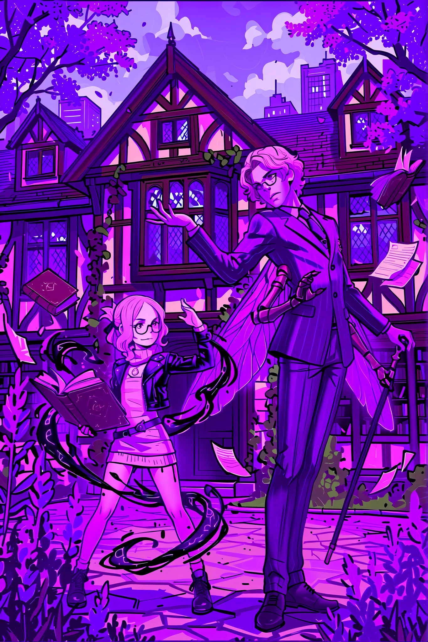 A girl and man pose outside of a library, conflict, Tudor style library, masterpiece, detailed_eyes, high_quality, best_quality, highres, absurdres, 8k, 1girl, 1boy, small girl in a sweater dress and tiny leather jacket casts a spell from a tome, black ink swirls around her, she has a composed stance and focused expression, her hair is gathered in a folded ponytail, tall man in a purple suit with gold pinstripes, he has a second set of insectile arms and wings, he strikes a dramatic as he smugly taunts the girl, both figures have pale skin and pale wavy hair, both characters wear glasses, detailed skin, highly textured skin, (detailed gold eyes), antiquated Tudor library framed by jacaranda trees in a modern city, lavender, English ivy, cinematic quality, dramatic atmosphere, digital art, anime style, art by as109, Faustsketcher, Andava