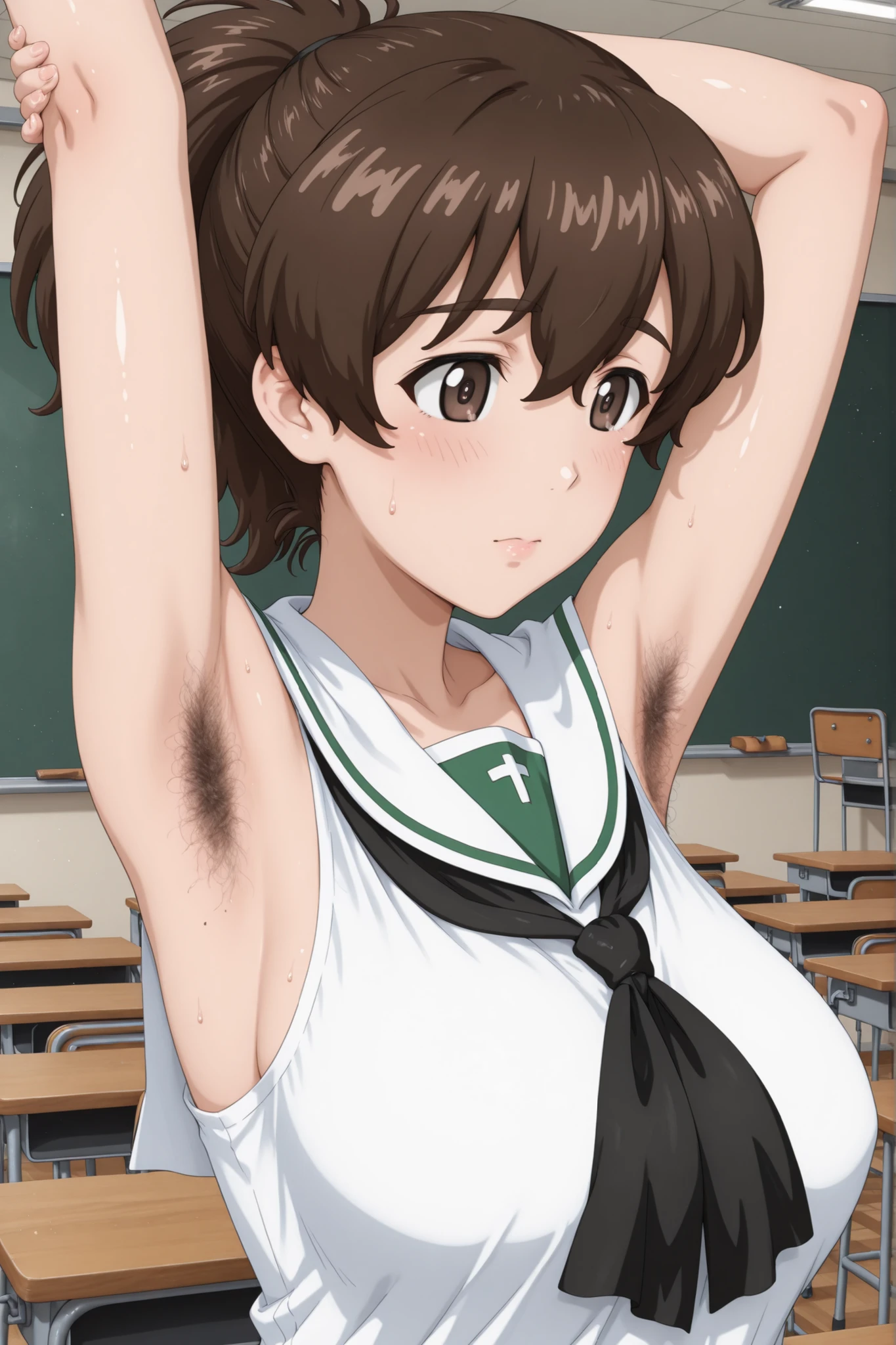 koyama yuzu \(girls und panzer\),ooarai school uniform,classroom,solo,(armpit hair :1.2)