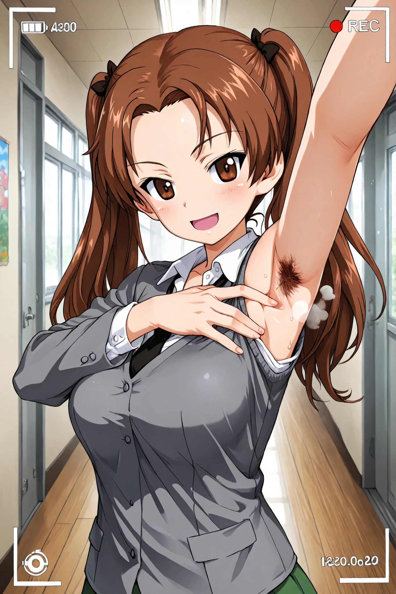 1girl, Character, Girls_und_Panzer, happy, Saunders school uniform, selfie, viewfinder display, School hallway, Girls_und_Panzer art style(armpit hair ,steam ,spread armpit ,large breasts :1.0)kadotani anzu