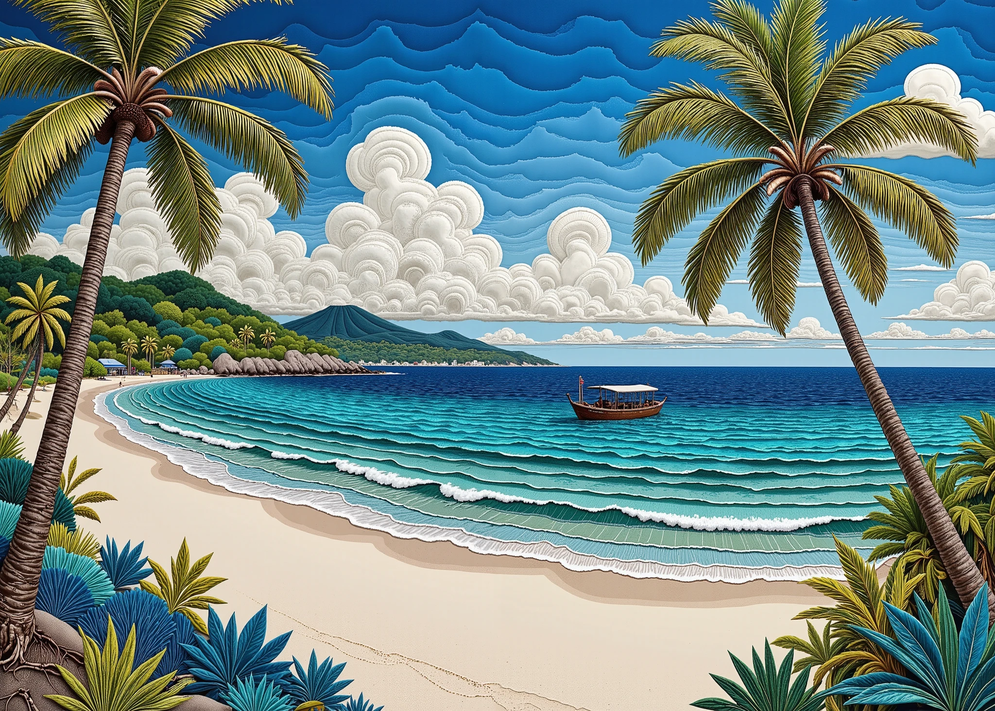 masterpiece, best composition, top quality, Patchwork Quilt World, handmade style,  high resolution image、shot with a wide angle lens、Mysterious Seas in Southeast Asia、evening sea、Endless horizon 、Blue Sky、Clouds turning yellow to orange、clear cobalt blue ocean、Clouds reflected in the ocean、  On the edge of the waves、View of the white sand beach、A small wooden boat floats on a white sand beach、Taken from a large white sand beach、Lots of tropical plants, palm tree、wonderful scenery reminiscent of another world、Realistic、Extremely Clear Images