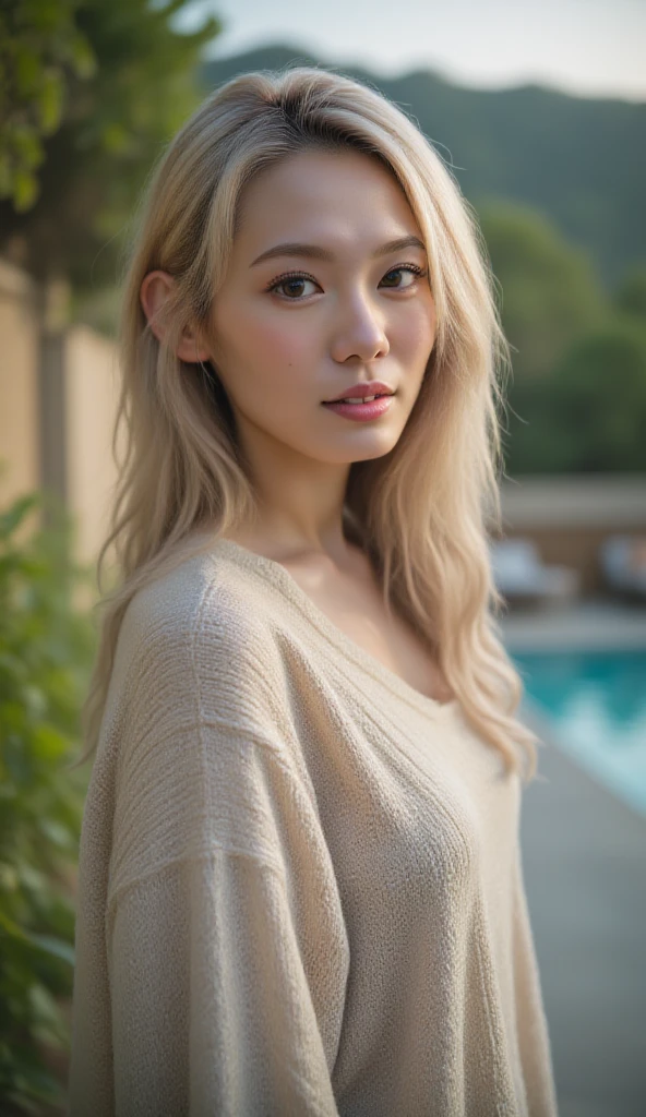 flying debris、Highest quality、An illustration、Highest quality、Understood、High resolution、8k wallpaper、Perfect dynamic composition、(((Ezvian Everywhere)))、((From below))、Beautiful and cute 20 year old girl、Beautiful face in every detail、Delicate and cute eyes、Fine skin、Red cheeks.、shy、(Semi-short hair:1.3)、(wavy blonde hair)、Small breasts、Bold sexy pose、smile、Small breasts、Between the legs、Small Ass、Thin ass、Generated on the eaves.、Narrow shoulders、wavy blonde hair、blonde、Heart-shaped earrings、smile、、Gold Bracelets、Tie your hair back、White hoodie、Deeply hooded、Loose fitting white harem pants、Baggy pants、Combat Boots、Army Boots、Standing posture showing the whole body、