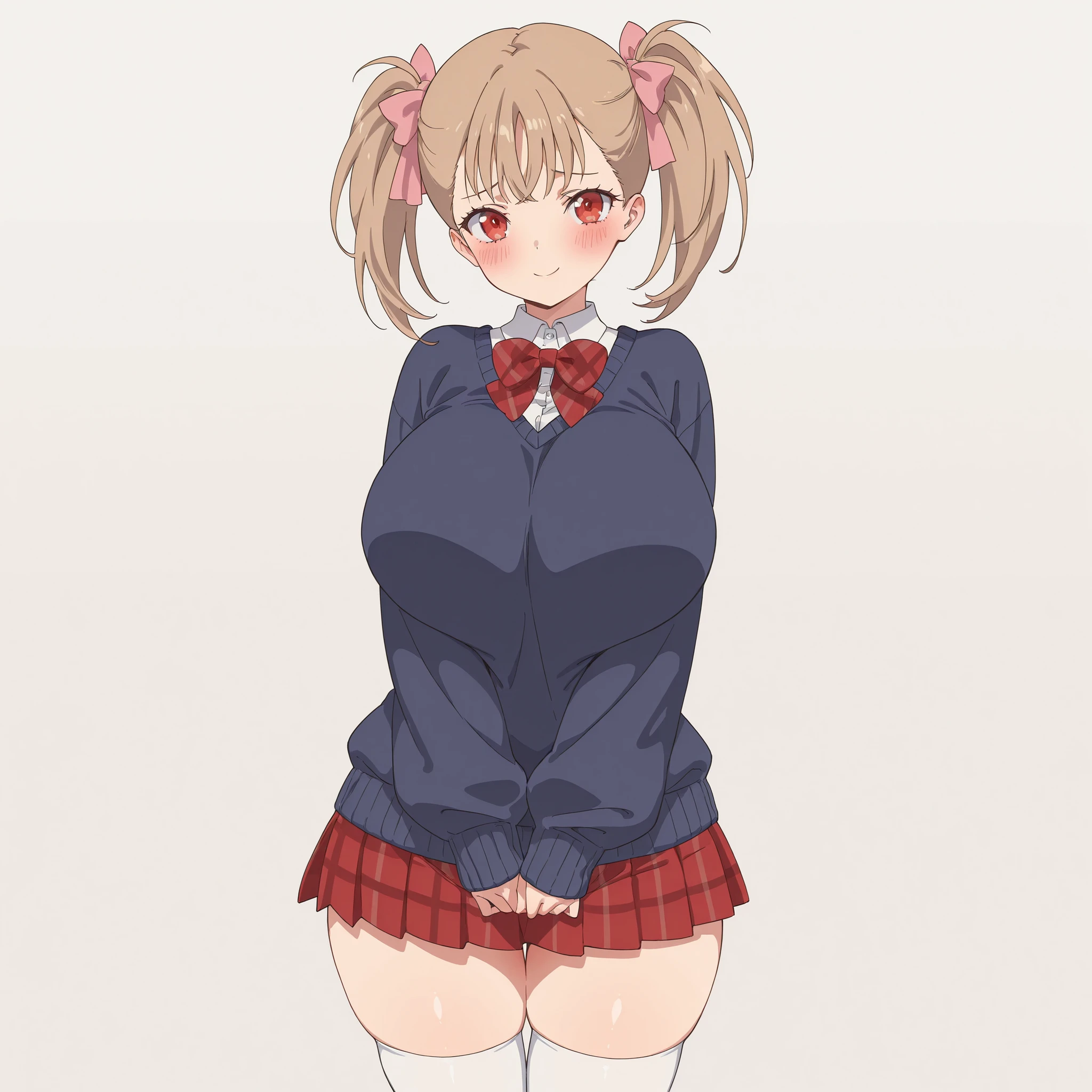 masterpiece, ultra-HD, impressionism, high detail, best quality, very aesthetic, 8K, best quality, beautiful, ultra-high resolution, 32K UHD, sharp focus, 1girl, solo, Rumi, light brown hair, twin pigtails, middle bangs, hair ribbons, pink ribbons, red eyes, eyelashes, , narrow waist, wide , thick thighs, shapely legs, slim, white buttoned shirt, shirt collar, navy blue baggy sweater, red plaid bowtie, red plaid pleated skirt, white thigh high socks, blush, shy, smile, cute, standing, looking at the viewer, simple background, front view