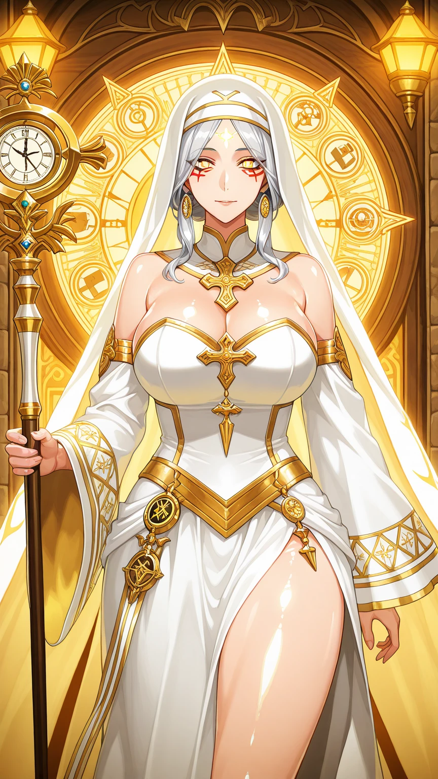 A blonde saint with a big bust and a cross, a symbol of motherhood, dressed entirely in white robes.
