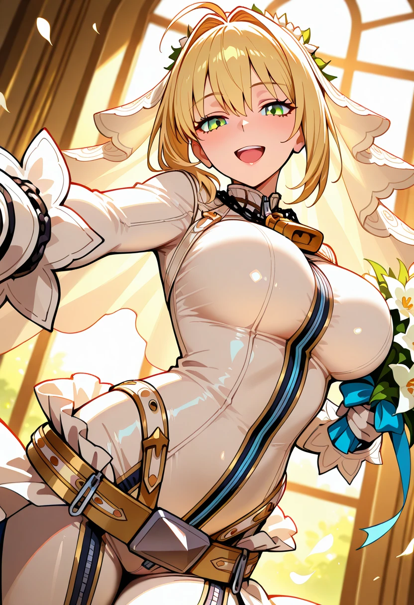 1girl, blonde hair, french braid, single hair bun, green eyes, ahoge, full bodysuit, pants, white bodysuit, elbow gloves, zippers, padlock, chain, unzipping, evil smile, :p, tongue out, heavy breathing, blushing, from below  breasts, indoors, church, cleavage <lora:Mochiron_yo_da_yo:1>, score_9, score_8_up, score_7_up, score_6_up, score_5_up, score_4_up, BREAK source_anime, masterpiece