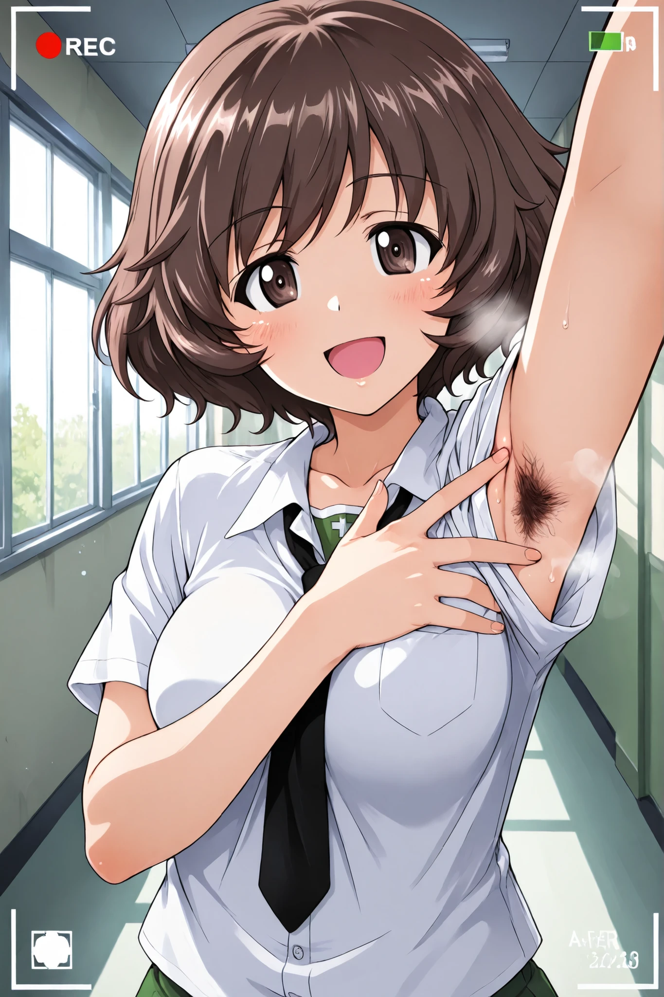1girl, Character, Girls_und_Panzer, Yukari Akiyama, happy, Saunders school uniform, selfie, viewfinder display, School hallway, Girls_und_Panzer art style(armpit hair ,steam ,spread armpit :1.0)
