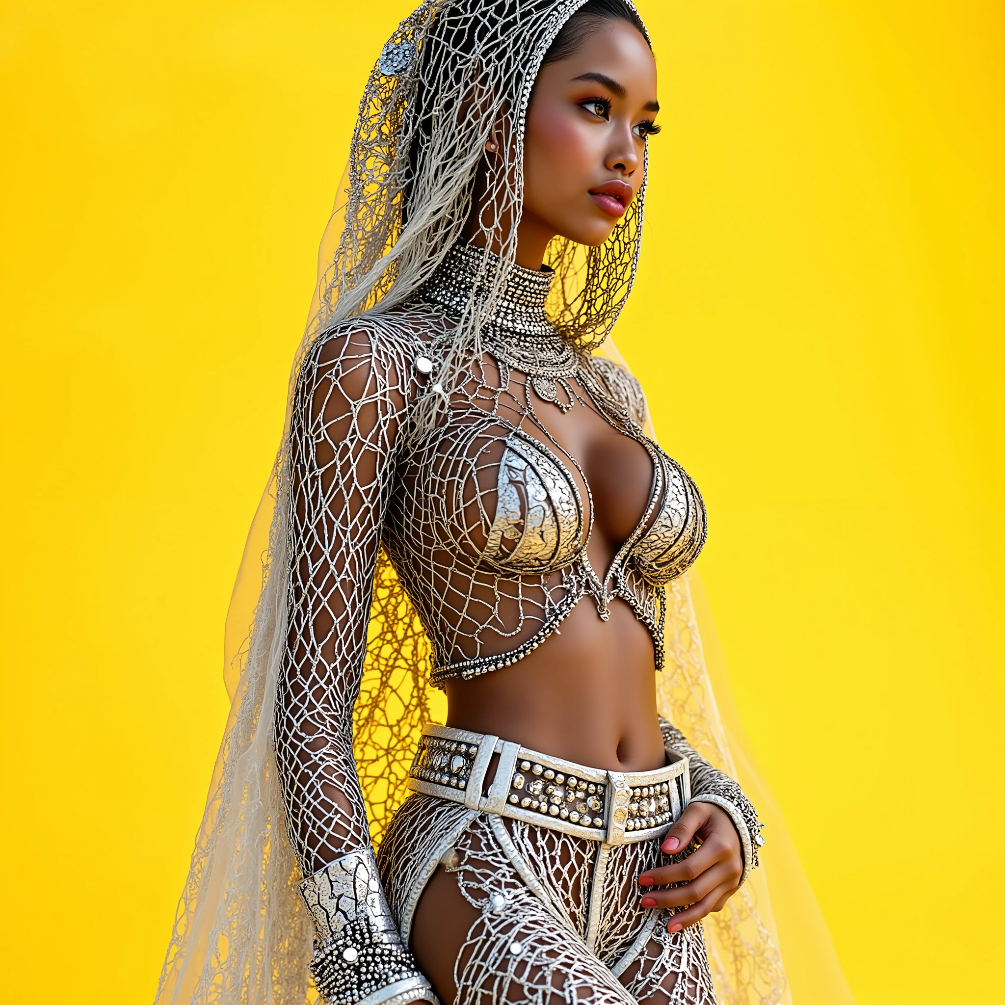 An illustration with plenty of consent, high quality, 8K resolution, hyper-detailed, side-angle upper-body focus, cinematic overhead lighting; a fashion model in a silver chainmail outfit with sharp geometric forms and metallic sheen. She wears a mesh cape and hood, partially veiling her face. Chrome shark-tooth wire teeth are exposed. Background is vivid yellow, providing stark contrast to the silver. Lighting casts sharp shadows and bright reflections across the outfit. Composition emphasizes chrome detail, model's posture, and texture contrast.