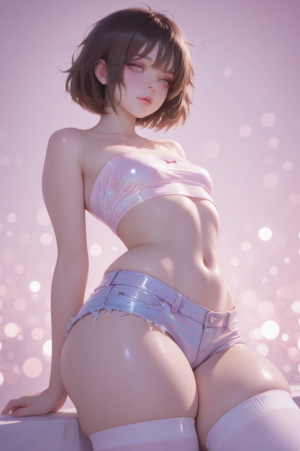 (bowl-shaped , small head)), sunlight, (perfect body: 1.1), (young), (short wavy hair: 1.2), full body shot, cute Japan girl, big and pretty eyes, expression of desire, (tight wet crop camisole top (wearing pink see-through)), (very detailed CG8k wallpaper), (very delicate and beautiful), (masterpiece), (top quality :1.0), (Ultra High Definition: 1.0), beautiful lighting,   bulge, scrubbing, perfect lighting, skirt pulling, realistic shadows, [High Resolution], detailed skin, super detail, thigh opening, one leg up, squatting on the floor, thigh, , beauty mark, angle from below