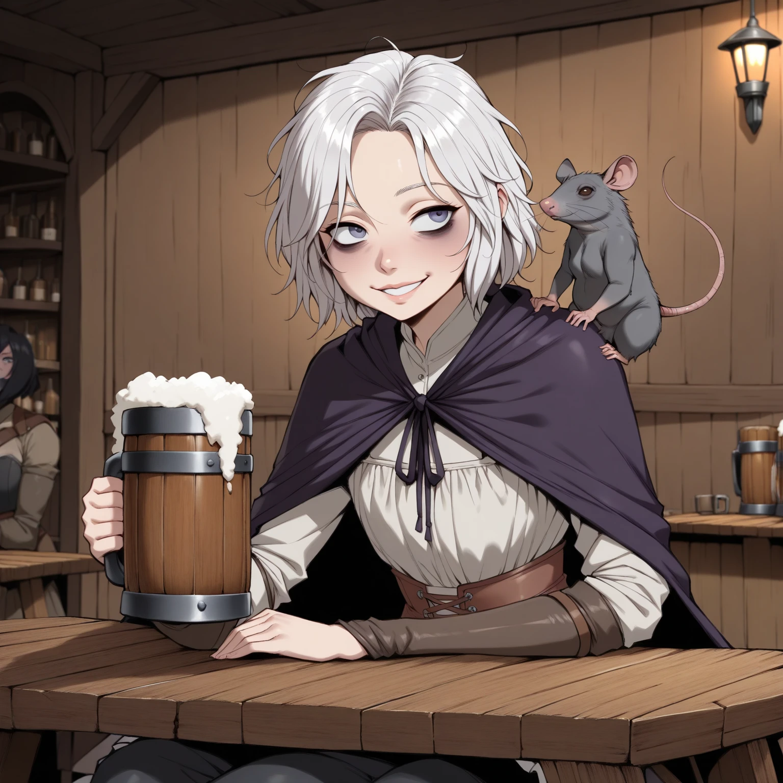 A white haired female witch with copper eyes and white fox ears and a white fox tail in a conservative witch's  is making a potion