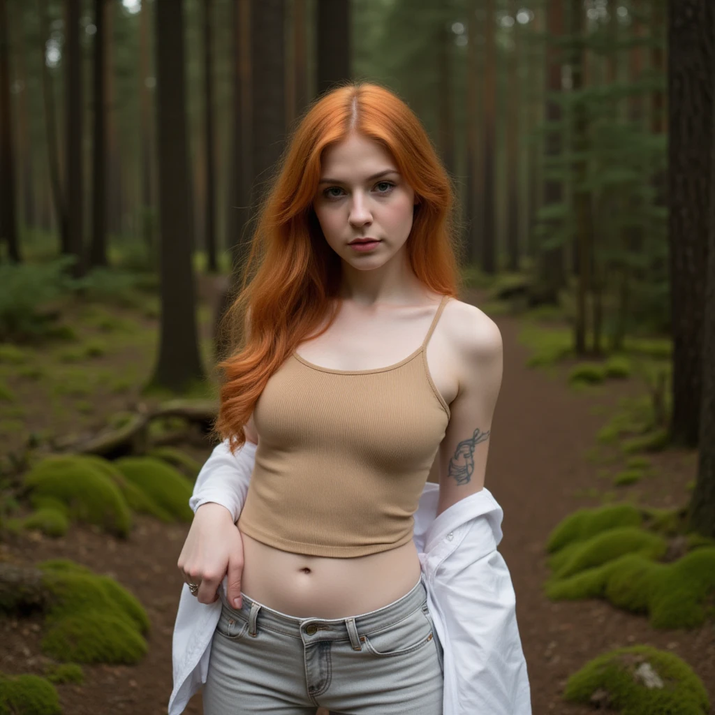 A girl stands in the forest and looks at the camera. She has long red ...