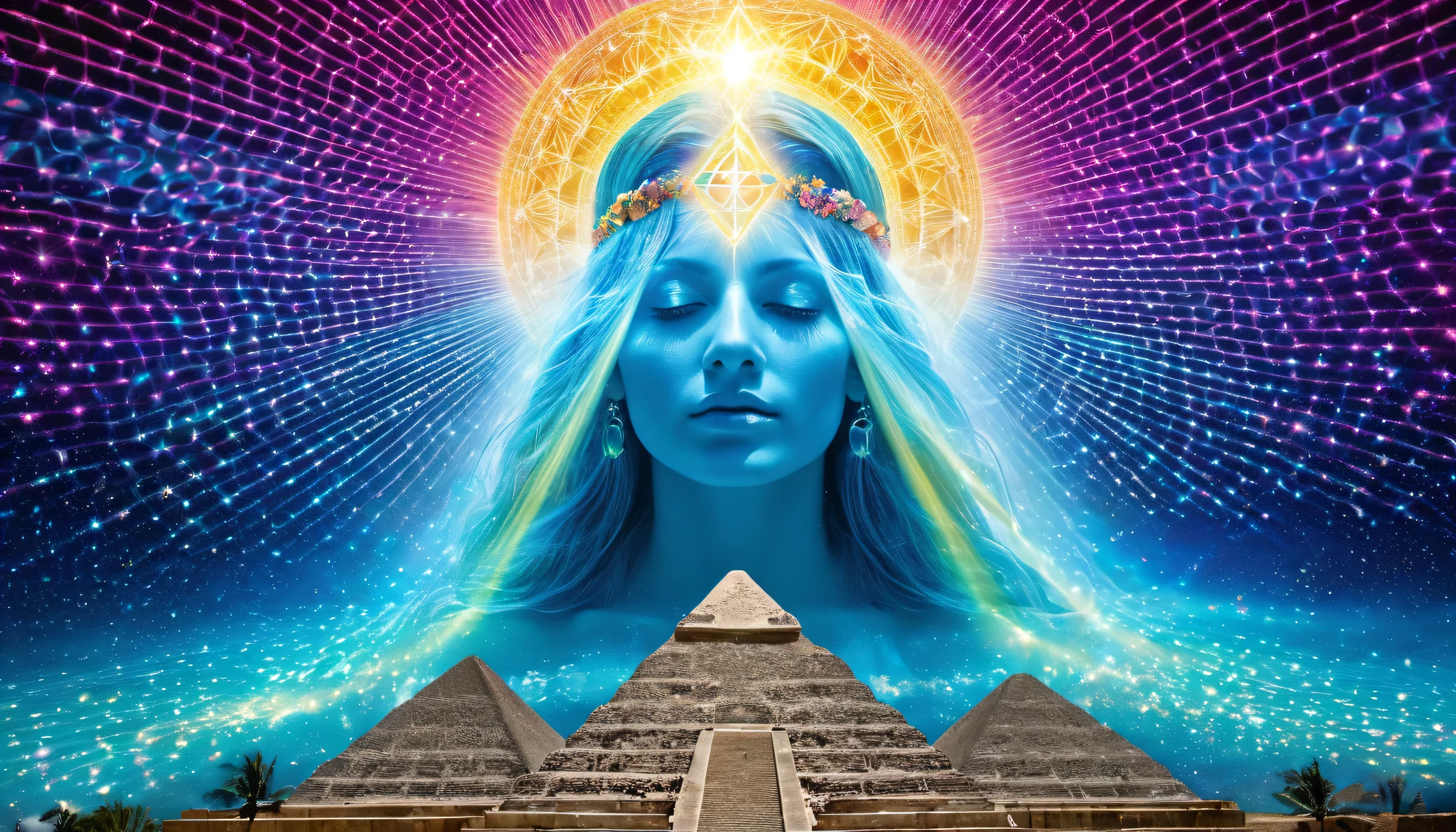 visionary spiritual art 5D, The Face of an ethereal feminine being of pure crystalline light that emerges from sacred geometry, radiant aura of prismatic rainbow light, translucent and shiny skin with inner starlight, surrounded by rotating luminous merkabas, Metatron Cubes, networks of the flower of life and crystalline geodesic spheres floating in a multidimensional space, small luminous and playful dolphins made of liquid light jumping through gold-blue waves of energy, sacred temples of light and Mayan pyramids in the background that dissolve into the cosmic ocean at dusk, intense neon-turquoise, electric magenta, color palette of ultraviolet and gold, Intense glitter, rays of light that cross dimensions, refractions of the rainbow, holographic overlays, high-vibration ascension energy, intricate overlays of sacred geometry, surreal psychedelic visionary art, ultra detailed, hyper-real but ethereal, inner eye style, masterpiece 8k --ar 16:9 --stylize 750 --v 6