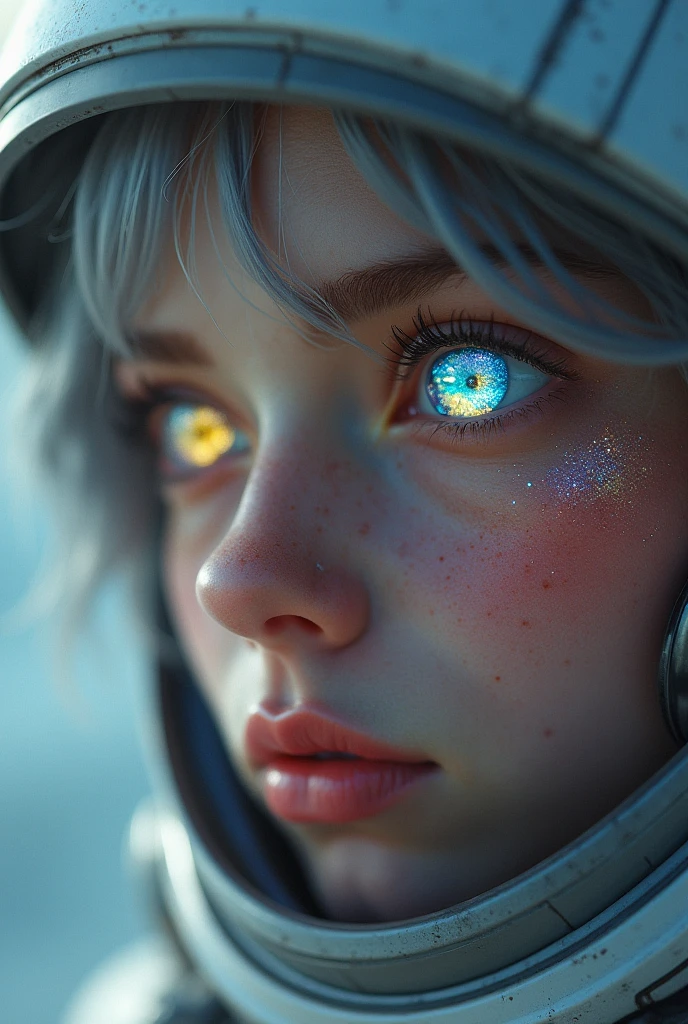 (Close-up of an excellent masterpiece:1.5)0.9]，(Space and astronauts:1.2) (Messy silver hair:1.1) (Heterochromatic eyes, yellow, blue eyes:1.2) (Casque spatial:1.0) (with colored stars in the eye:1.0) (Dazzling light:1.1) (Thick lip:0.9)