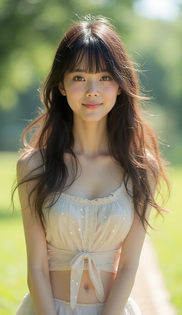 (The whole body of the person:1.5) 、Shot from head to toe、wearing sandals、standing pose、(look at the camera:1.5) 、smile、２０Japan Female、highest quality、4ｋimage quality、High resolution、slightly bigger breasts、Sheer lace slip、Beautiful legs extending from a slip、Path in the woods、wallpaper、realistic、bright lighting、professional lighting、face light、smooth lighting、beautiful japanese woman、gravure、super beautiful、beautiful skin、beautiful and detailed eyes、kind face、medium long hair、hair fluttering in the wind、brunette colored hair