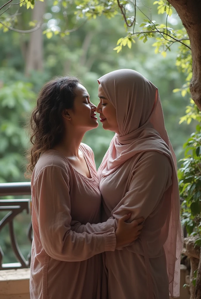 there is a mature woman and a girl sitting next to each other, couple, happy couple, lovely couple, kissing,,with her long, in garden, wpol and sarasti, scandy and arender, with wart, potrait, vacation photo, couple pose, during sunset, picture, scenary, full protrait, profile photo, coban, with ivy, at instagram,,